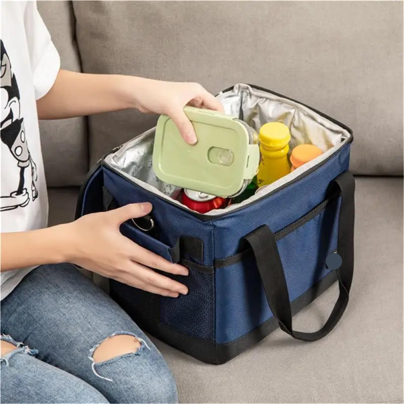 Caja refrigeradora gruesa y aumentada Fácil de transportar Aislamiento térmico a prueba de fugas Producto for exteriores Bolsa de picnic portátil Azul marino(68L)