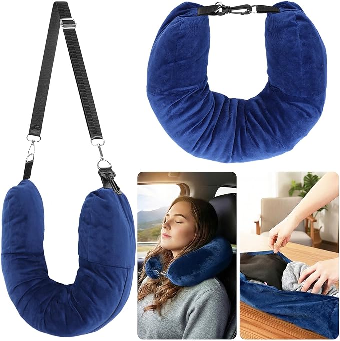 Almohada de viaje rellenable de terciopelo azul miniatura 9