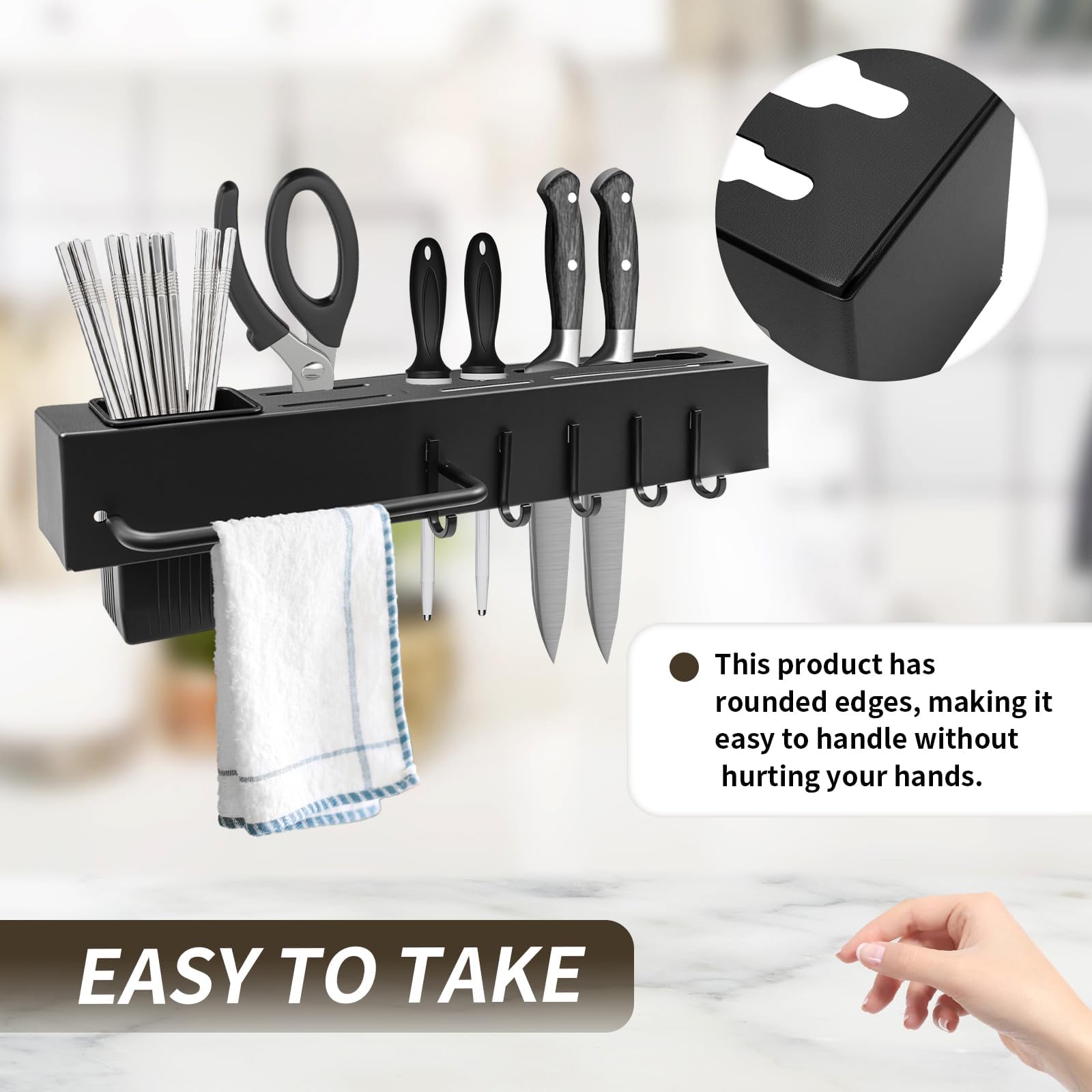 Porte Couteaux Mural, Organisateur de Cuisine Multifonction avec Porte-Torchon et Porte-Baguettes, Rangement pour Ciseaux, Ustensiles, Sans Perçage/avec Vis, 40 cm