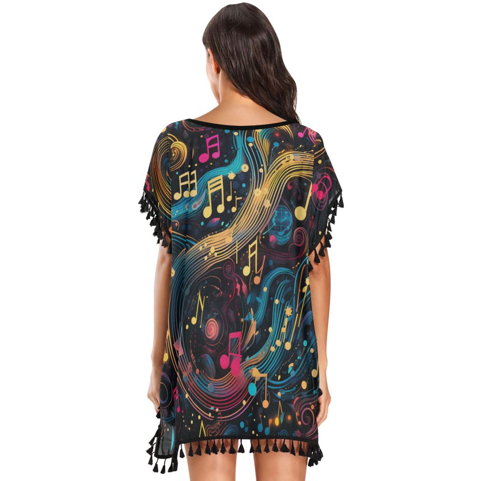 Abstract Art Music Notes Women's Beach Cover Up Chiffon Tassel Swimwear Swimsuit Coverups for Girl
