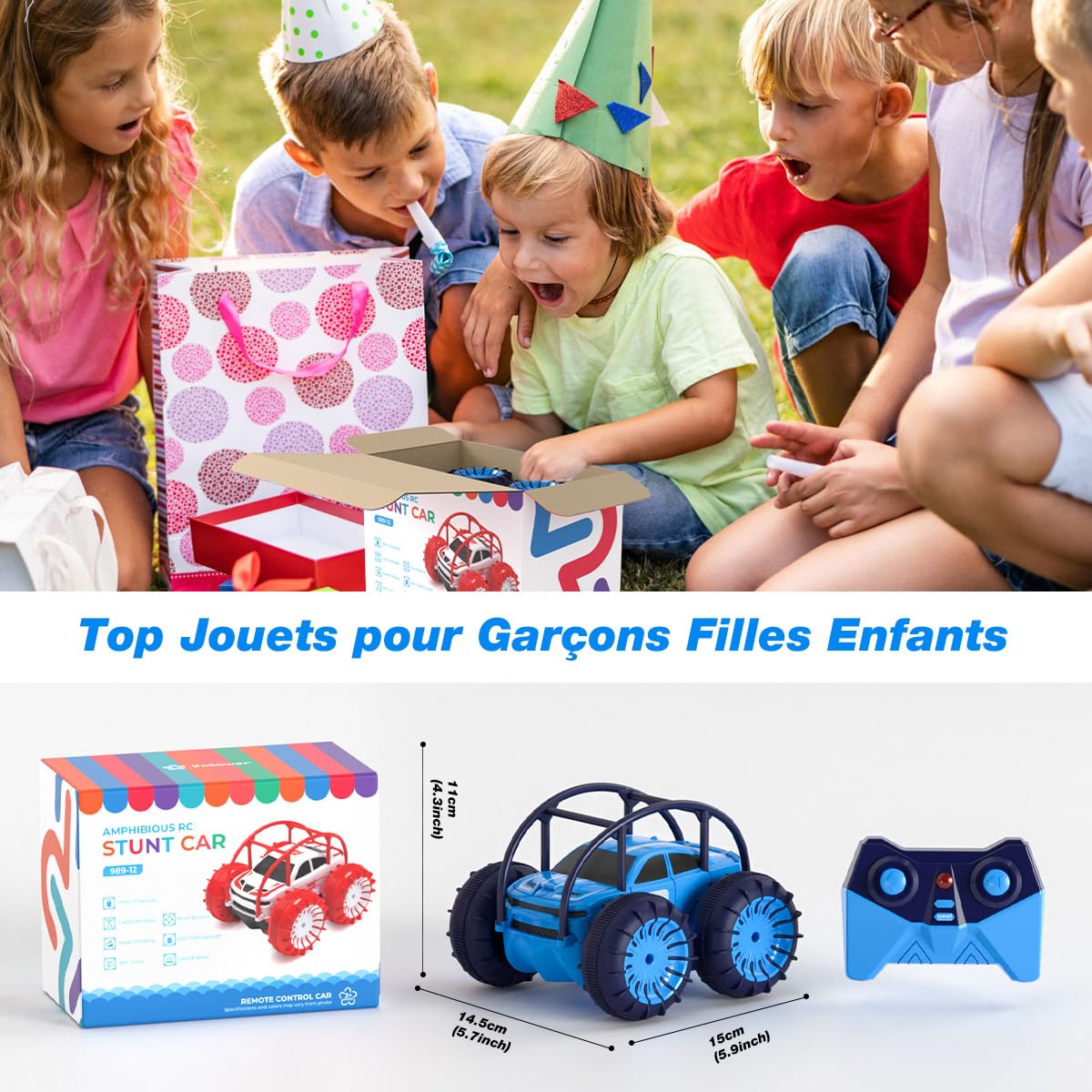 MaxTronic Coche anfibio teledirigido, carga directa USB-C, resistente al agua, 4 WD 15 km/h, 2,4 G, coche teledirigido, sin cambio de batería, luz LED de 360°, regalo para niños de 3 a 12 años
