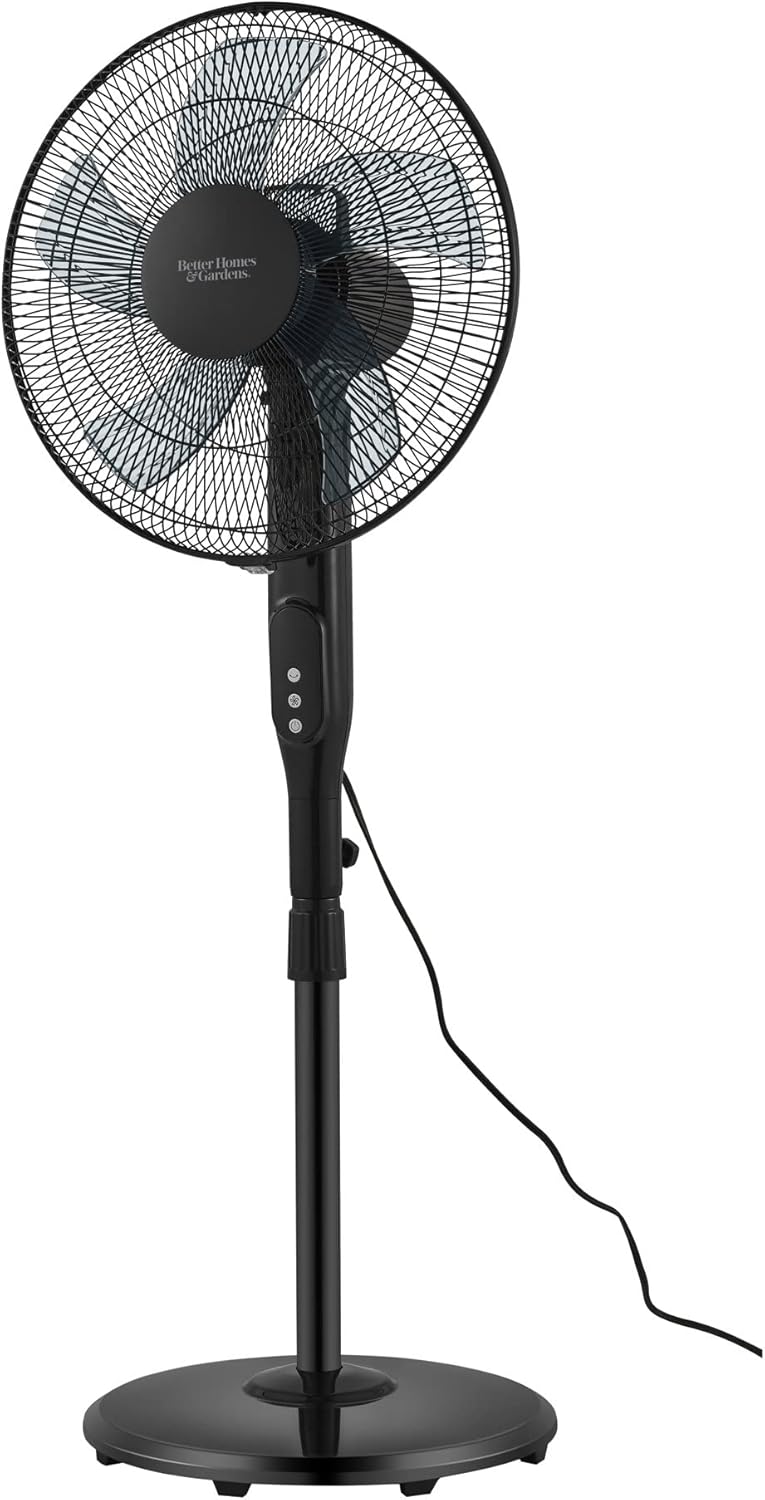 Sisih view of the assembled Better Homes & Gardens 16 inch Pedestal Fan with power cord