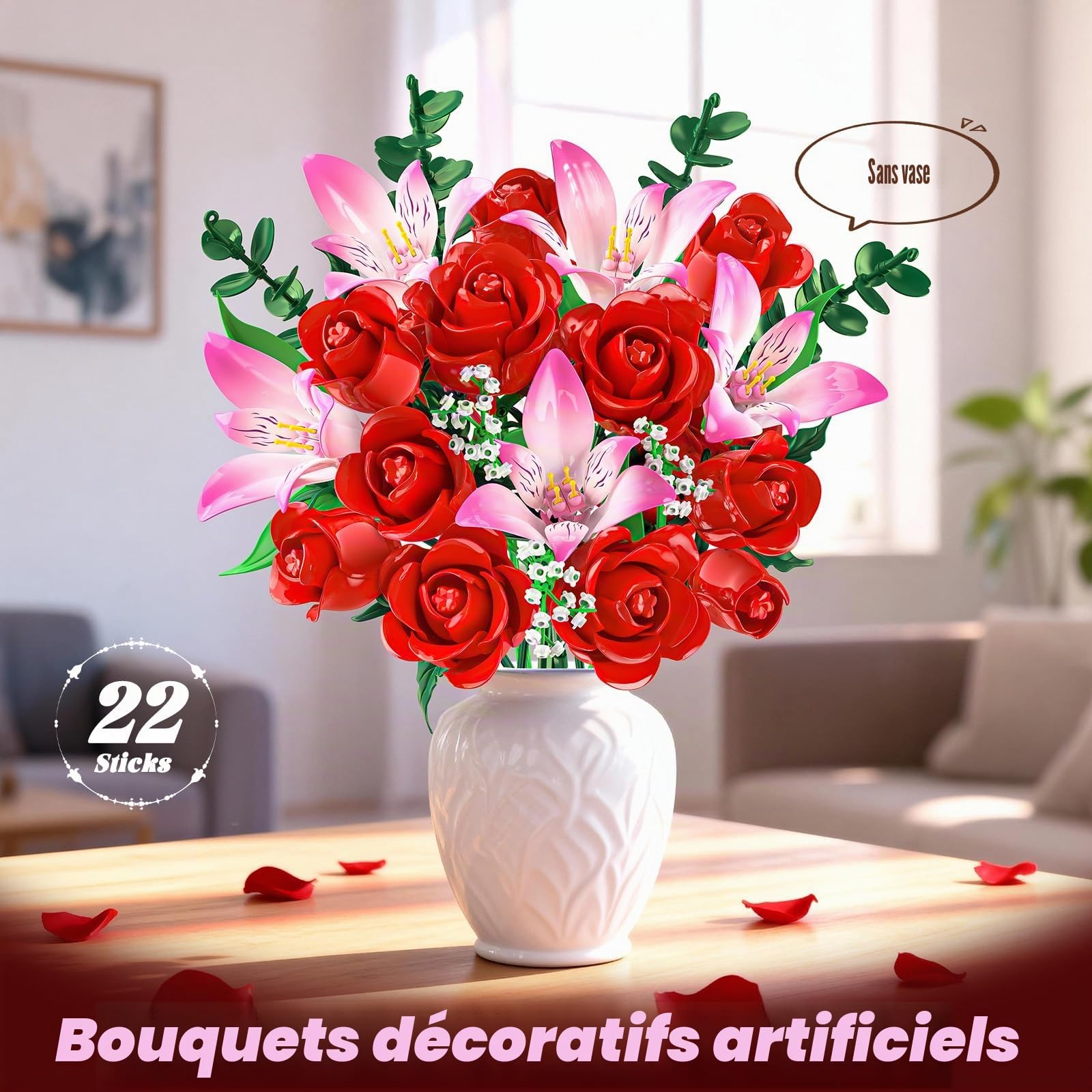 CUBIMANA Kit de Bouquet Fleurs avec LED - Roses Rouges et alstroemères Roses, Collection botanique 22 Fleurs artificielles, décoration Plante intérieure, Cadeau pour Femmes/Adultes