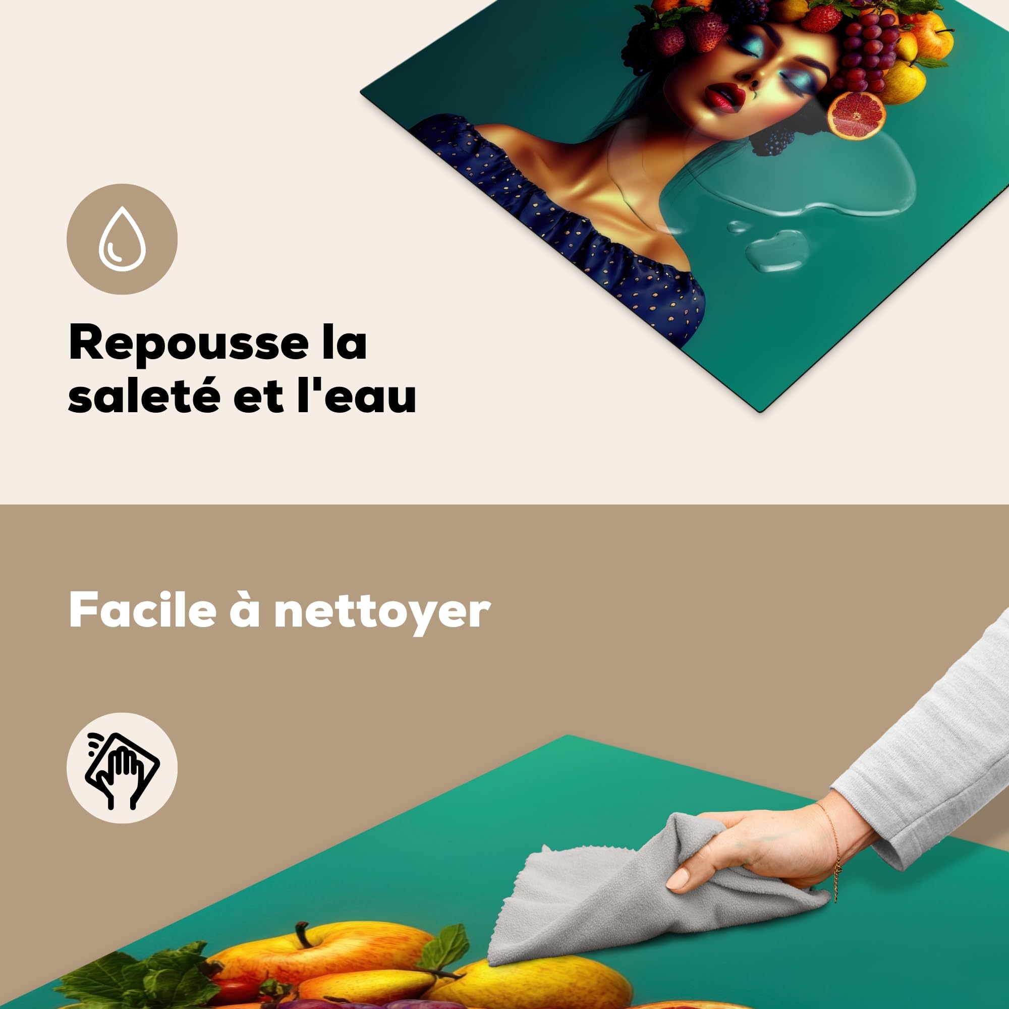 KitchenYeah© Protection Plaque Induction Protege Deco Cuisine Cache Protège | 60x52 cm - De Cuisson Accessoires Femme - Coiffe - Tropical - Fruits - Raisins