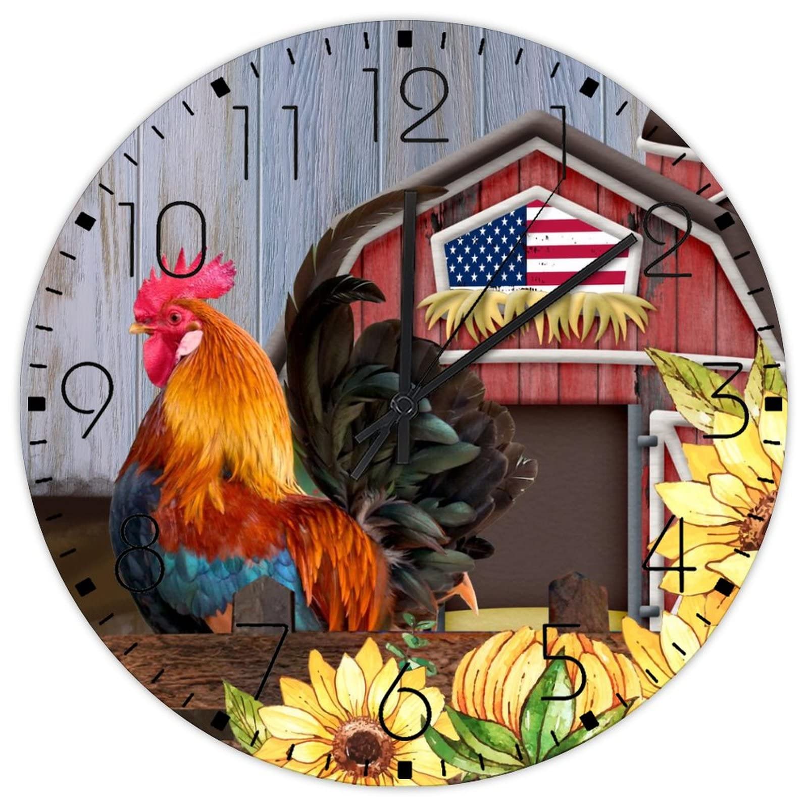 Horloge murale en bois vintage de 38 cm avec peinture animalière coq et décor de grange