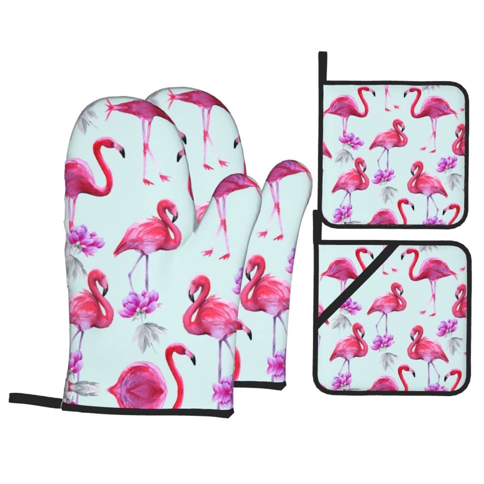 Pink Flamingos Oven Mitt and Pot Holder 4-Piece Set for Kitchen, Outdoor Grill, Baking