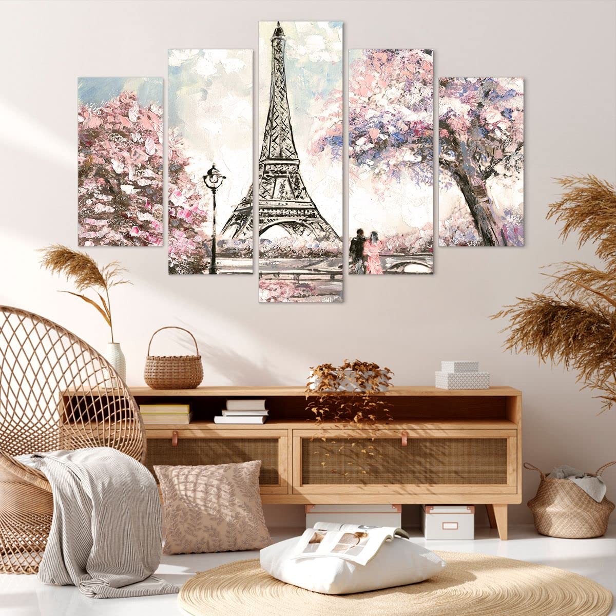 Bilder auf Leinwand 150x100cm Leinwandbild Bäume Eiffle Paar Frankreich Groß XXL Wanddeko Bild Schlafzimmer Set 5 teilige Wandbilder Dekoration Wohnzimmer Canvas Wand Kunstdruck Art EA150x100-3147