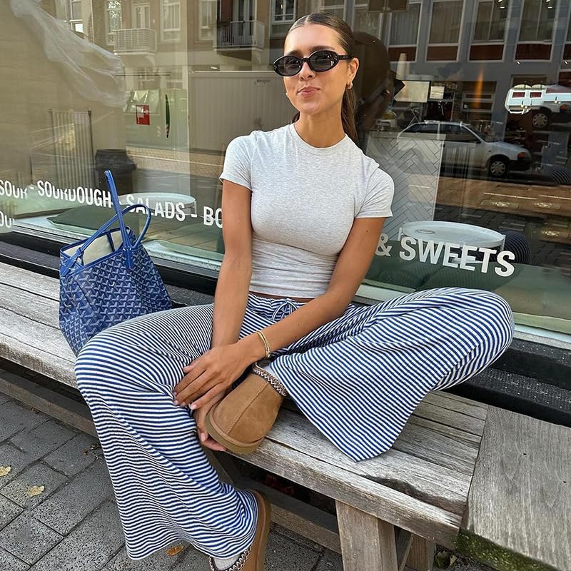 heyheyshine Women's Striped Wide Leg Pants Elastic Drawstring High Rise Straight Legged Trousers Pajama Pants with Pockets3