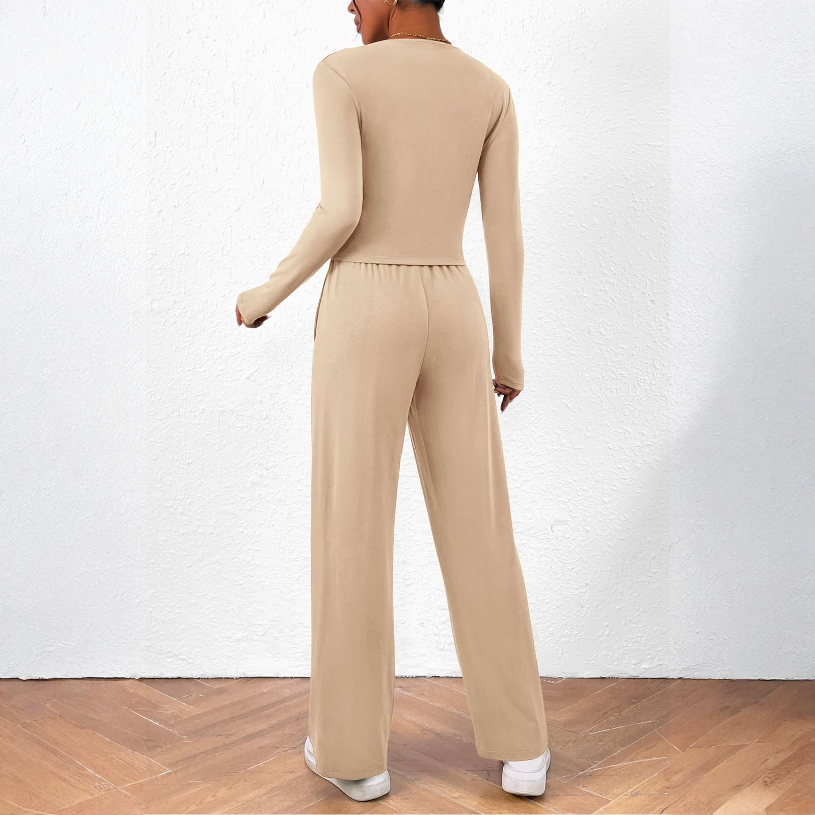 3 Pezzo Donna Manica Lunga Semplice Nubilato Top E Pantaloni Impero Waist Inverno Senza Colletto Sottile
