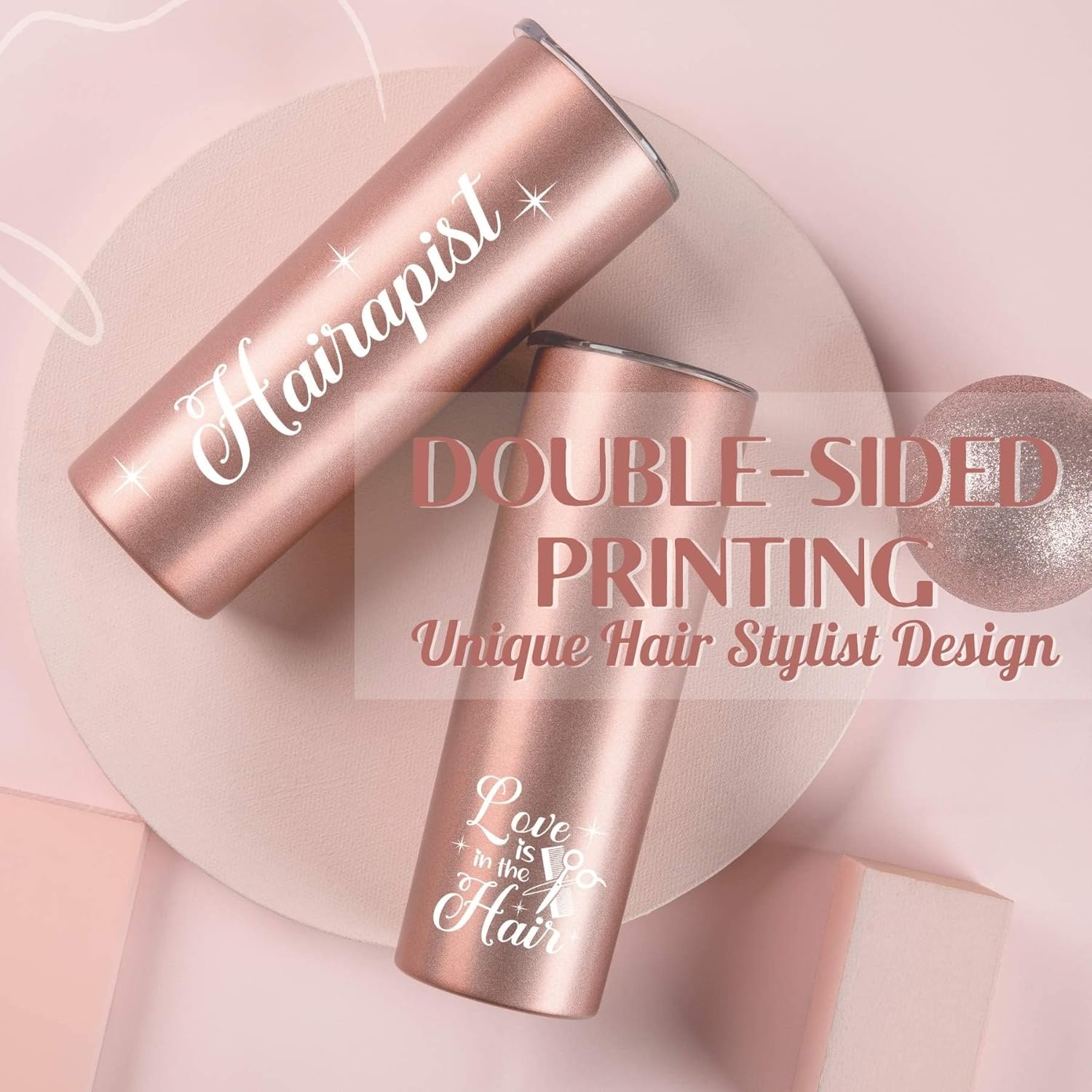 Onebttl Hair Stylist Gifts For Women, Female, Her - Hairapist Love is in the Hair - 20oz/590ml Stainless Steel Insulated Tumbler with Straw, Lid, Message Card-(Rose gold) - Image 2