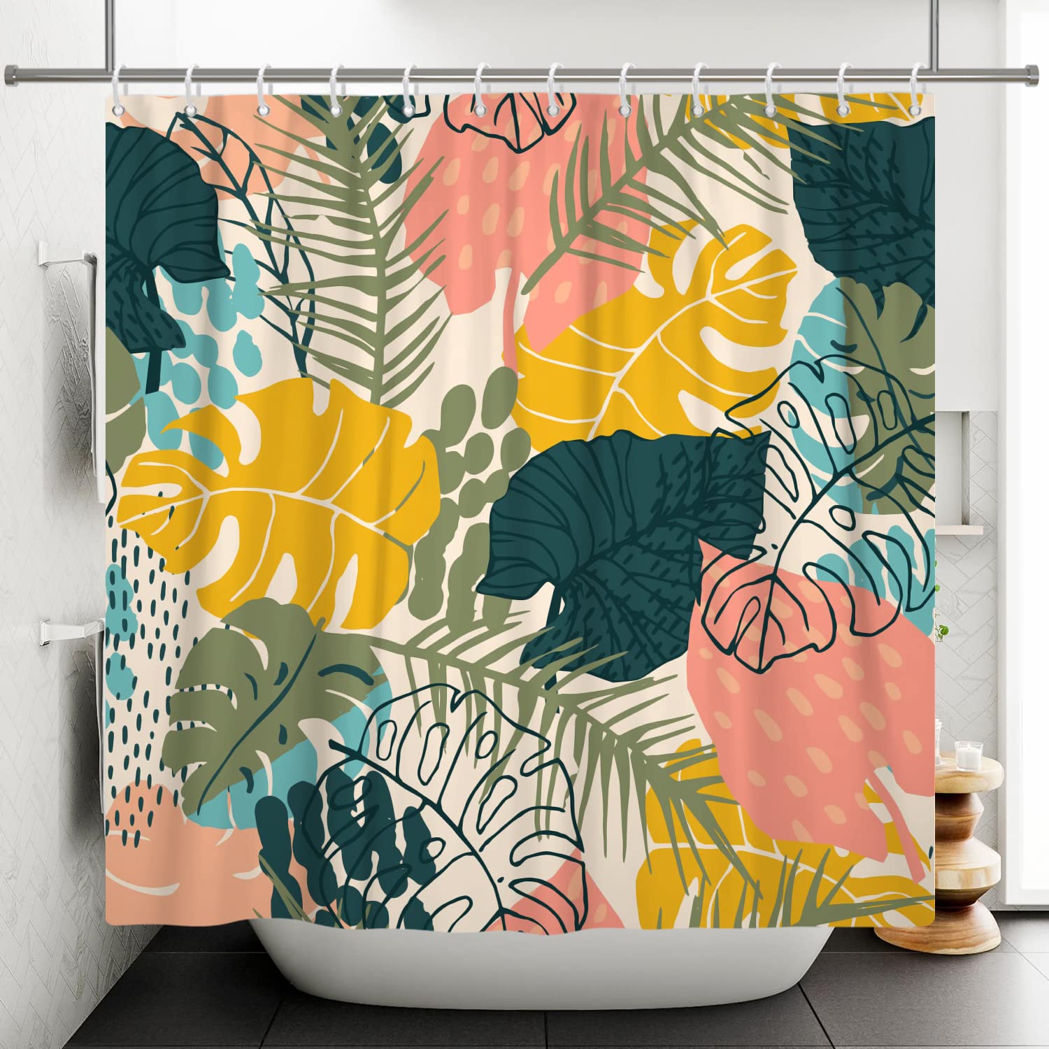 Ttincceer 180x180cm Juego de Cortina de Ducha de Planta Abstracta Boho Planta Tropical Cortinas de Ducha abstractas de Mediados de Siglo Acuarela Hoja de Palma Monstera Planta Cortina de baño