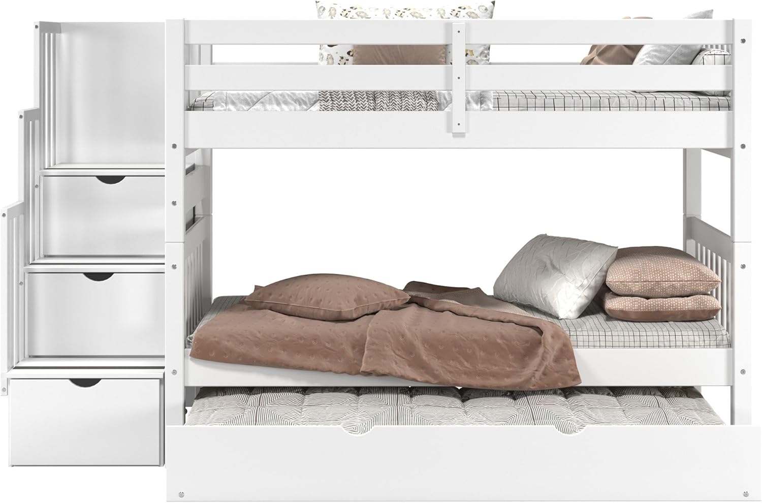 Bedz King Stairway Bunk Beds Twin Over Twin, 3 Step Drawers and a Twin Trundle, White