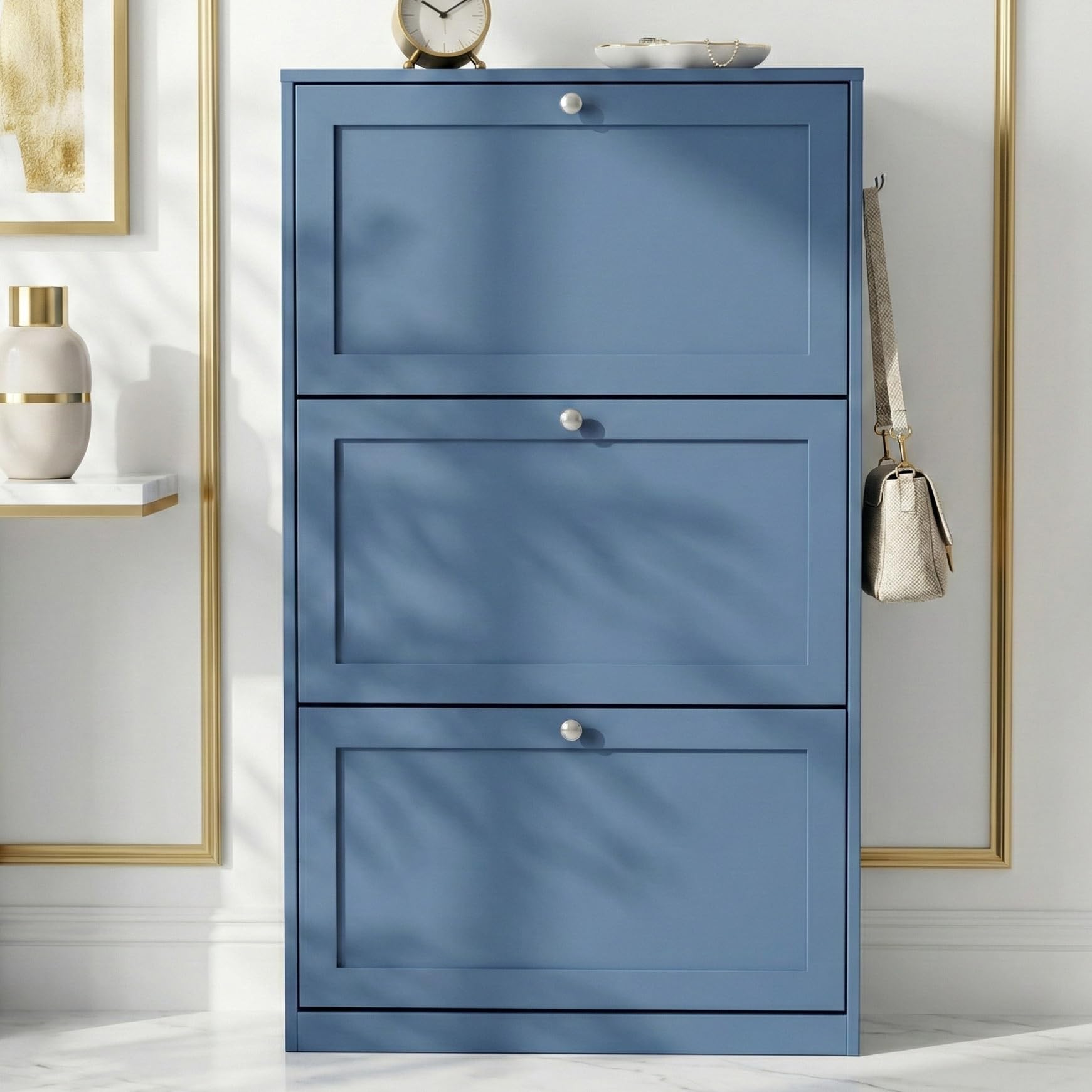 Blisswood Shoe Cabinet, Wooden Shoe Storage Unit with 3 Flip Drawers, Freestanding Shoe Rack Organiser, Space Saving Cupboard with Adjustable Shelves for Entryway, Living Room, Hallway Furniture_Blue