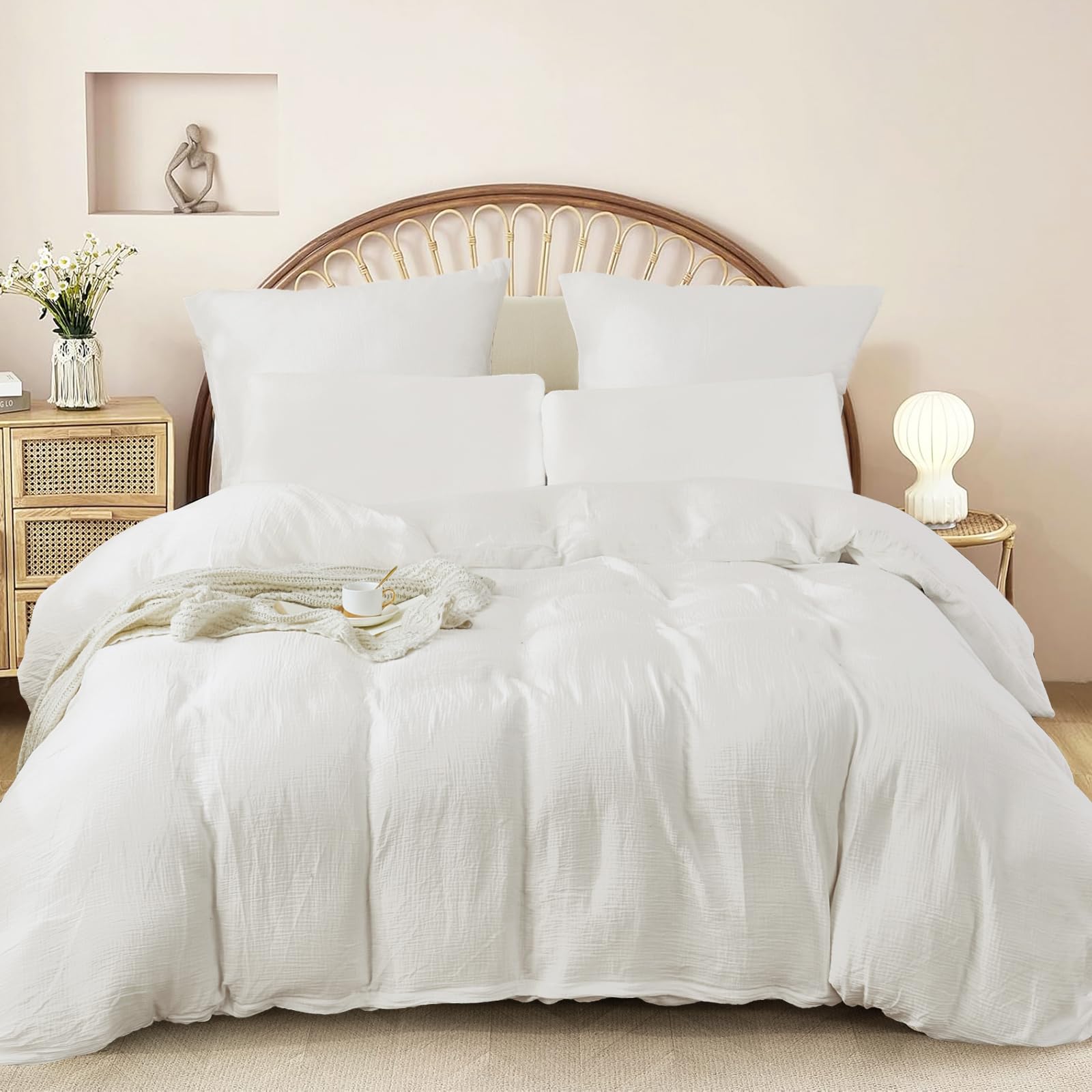 WONGS BEDDING Musselin Bettwäsche 135x200 aus 100% Baumwolle, Bettwäsche-Sets 1er Set Bettbezug mit 1 Kissenbezüge 80x80 cm Knitterlook Weiche Bettbezug Bügelfrei, mit Reißverschluss, Weiß