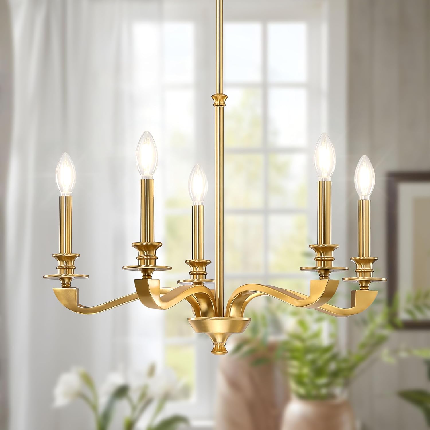 Gold Chandeliers for Dining Room, 25.5 Inch Vintage Gold Chandelier Light Fixture Over Table, Farmhouse Candle Chandeliers, 5-Light Brass Chandeliers for Kitchen, Bedroom, Living Room (E12 Base) Champagne Gold 5-Light