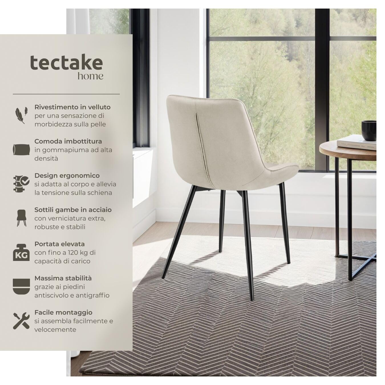 tectake® Set 2 Sedie Sala da Pranzo Effetto Velluto, Sedie Soggiorno con Morbida Imbottitura, Seduta Ergonomica, Poltrone Velluto Versatili, Sedie Design Moderno - Crema