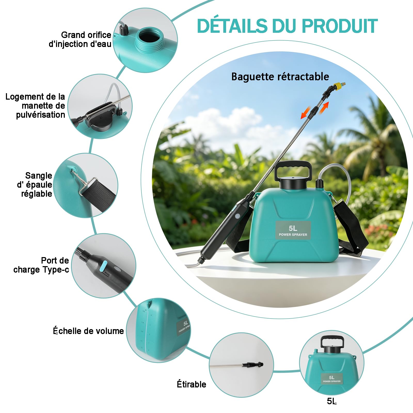 Pulverisateur Electrique 5L,pulvérisateur à Batterie,5 Modes de Pulvérisation et Sangle Réglable,60 cm Perche Pulvérisatrice Télescopique,Recharge USB-C,pour désherbage et fertilisation