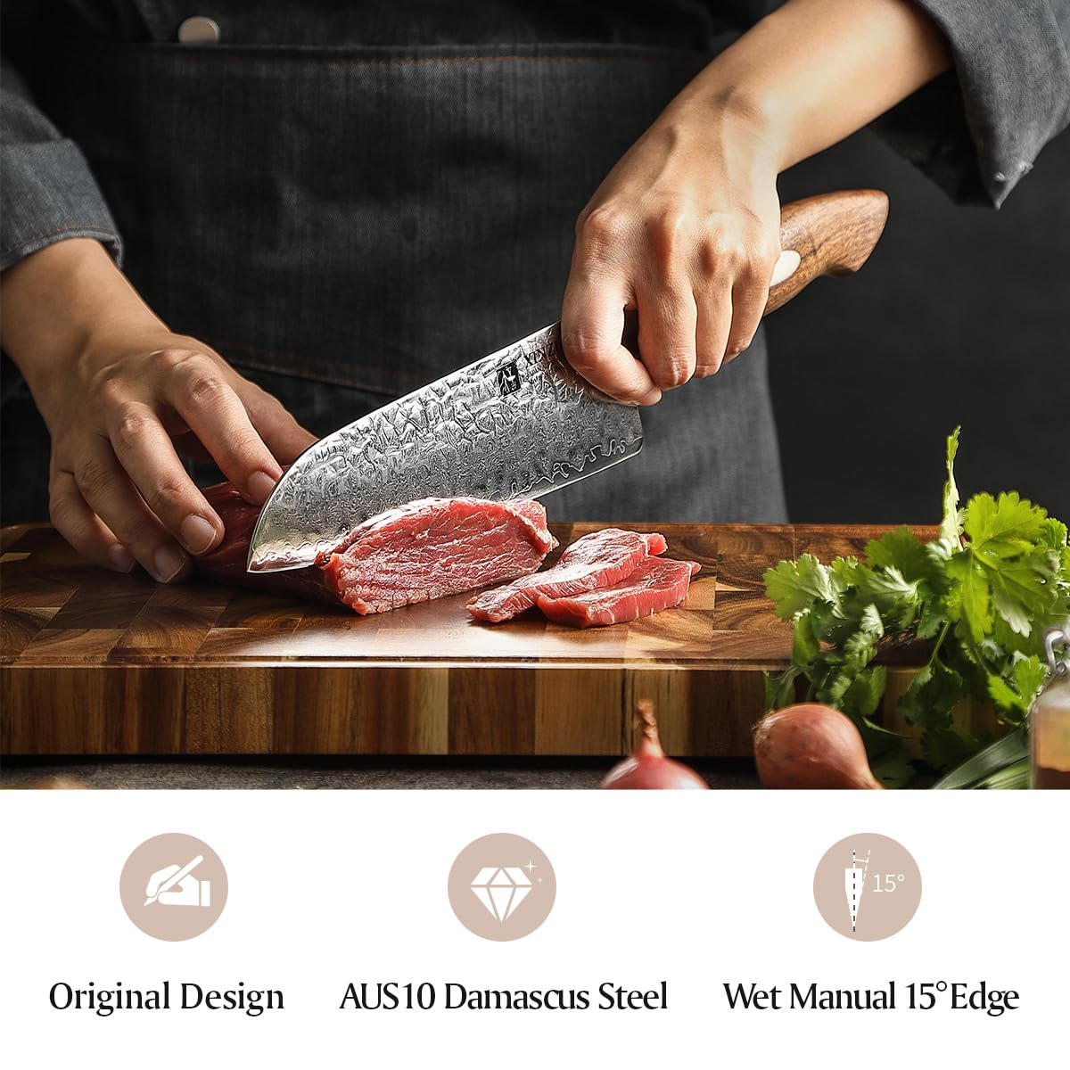 XINZUO 18.5cm Cuchillo Santoku Japonés AUS-10 Acero Damasco,Patrón Martillado Cuchillo de Cocina para Verduras,Forjado a Mano Cuchillo de Cocinero Chef Multifuncional-Mango de Madera de Nogal Negro