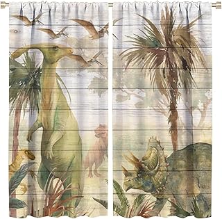 Kazynee Boys Kids Dinosaur Decor Rod Pocket Blackout Curtains for Living Room,Thermal Insulated Ancient Wildlife Animal Dino Jungle Forest Mountain Window Drapes,42x45in