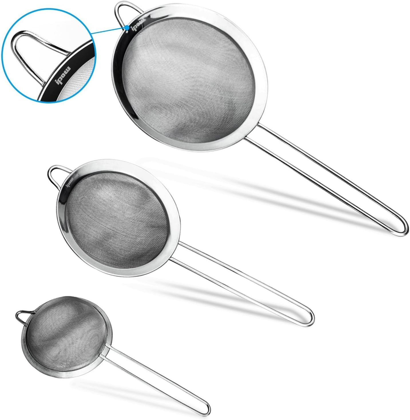IPOW Set of 3 Stainless Steel Fine Mesh Strainer, Colander Sieve Sifters with Long Handle for Kitchen Food, Small Medium Large Size for Tea Coffee Powder Fry Juice Rice Vegetable Fruit Etc. : Home & Kitchen