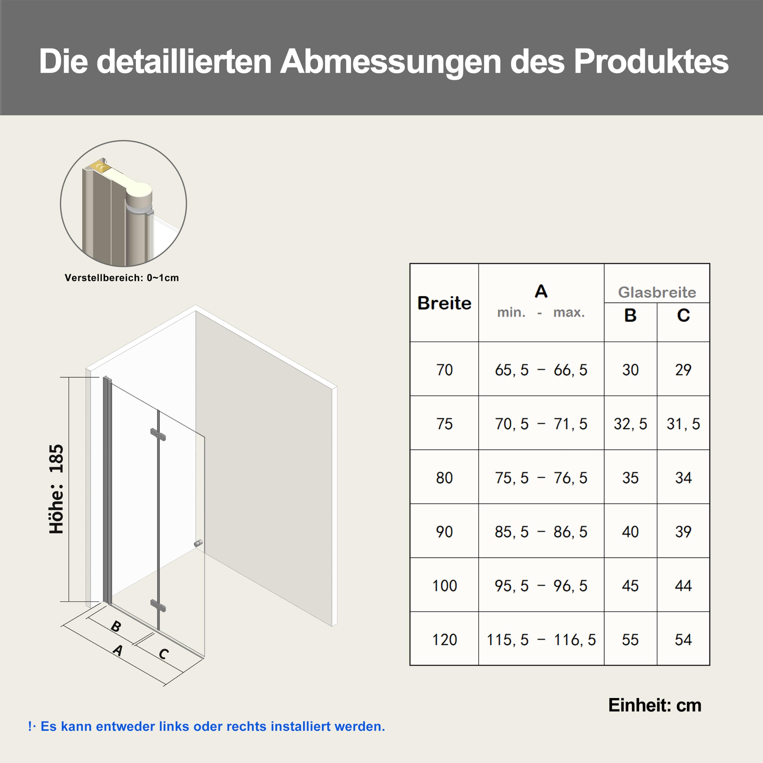Walk in Dusche 90x185cm Faltwand Duschabtrennung 6mm ESG-Sicherheitsglas – 180° faltbar & bodeneben – ultrabreiter Einstieg, geeignet für kleine Badezimmer