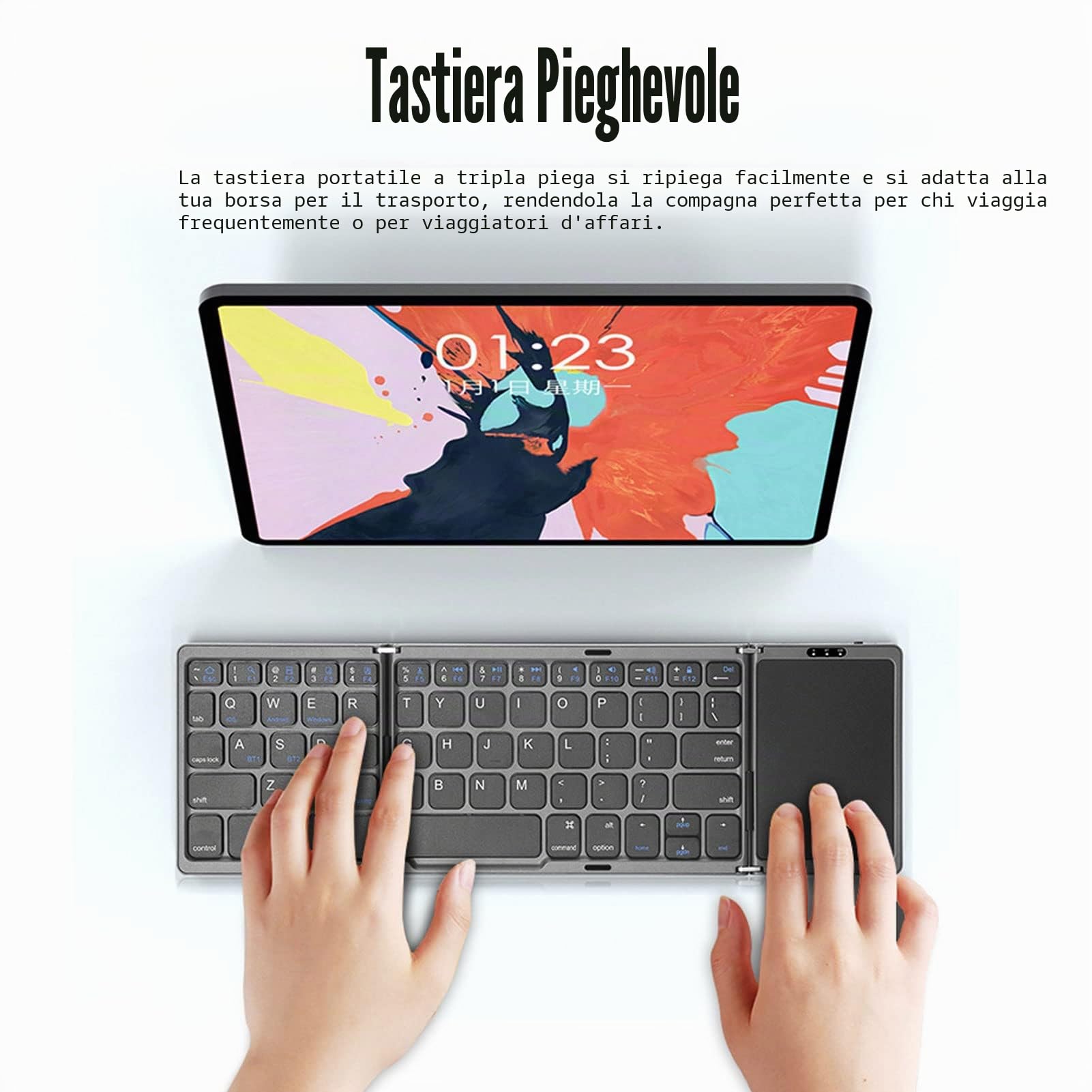 Bewinner Tastiera Bluetooth Pieghevole, Tastiera Wireless Portatile Pieghevole con Touchpad, Tastiera Wireless BT Ricaricabile Tramite USB per Tablet Smartphone Android Windows