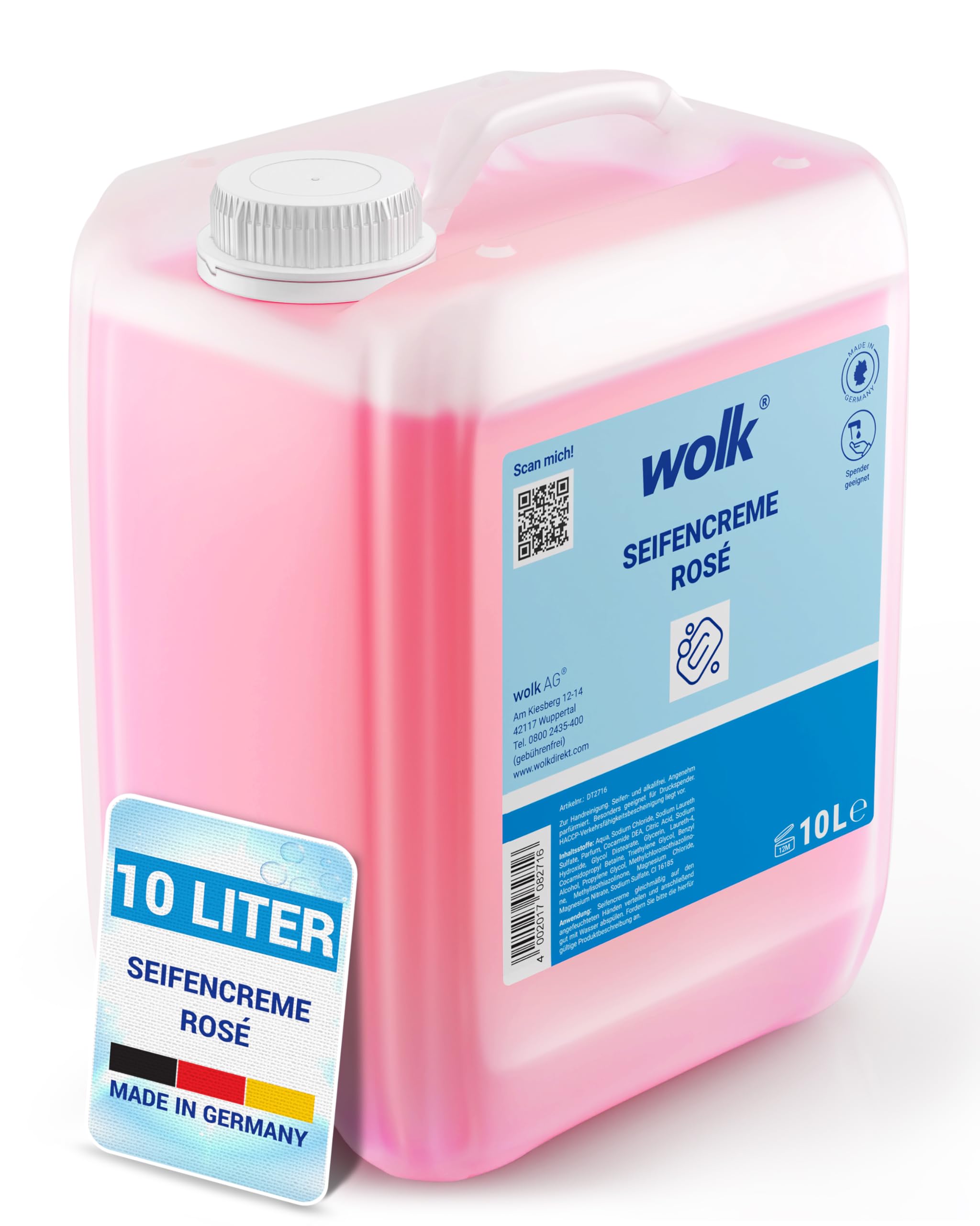 wolk Handseife Flüssig 10 Liter Rosé Kanister - Milde Seifencreme | Alkalifreie Handwaschseife mit Rosenduft, ideal als Flüssigseife Nachfüllpack für alle gängigen Seifenspender.