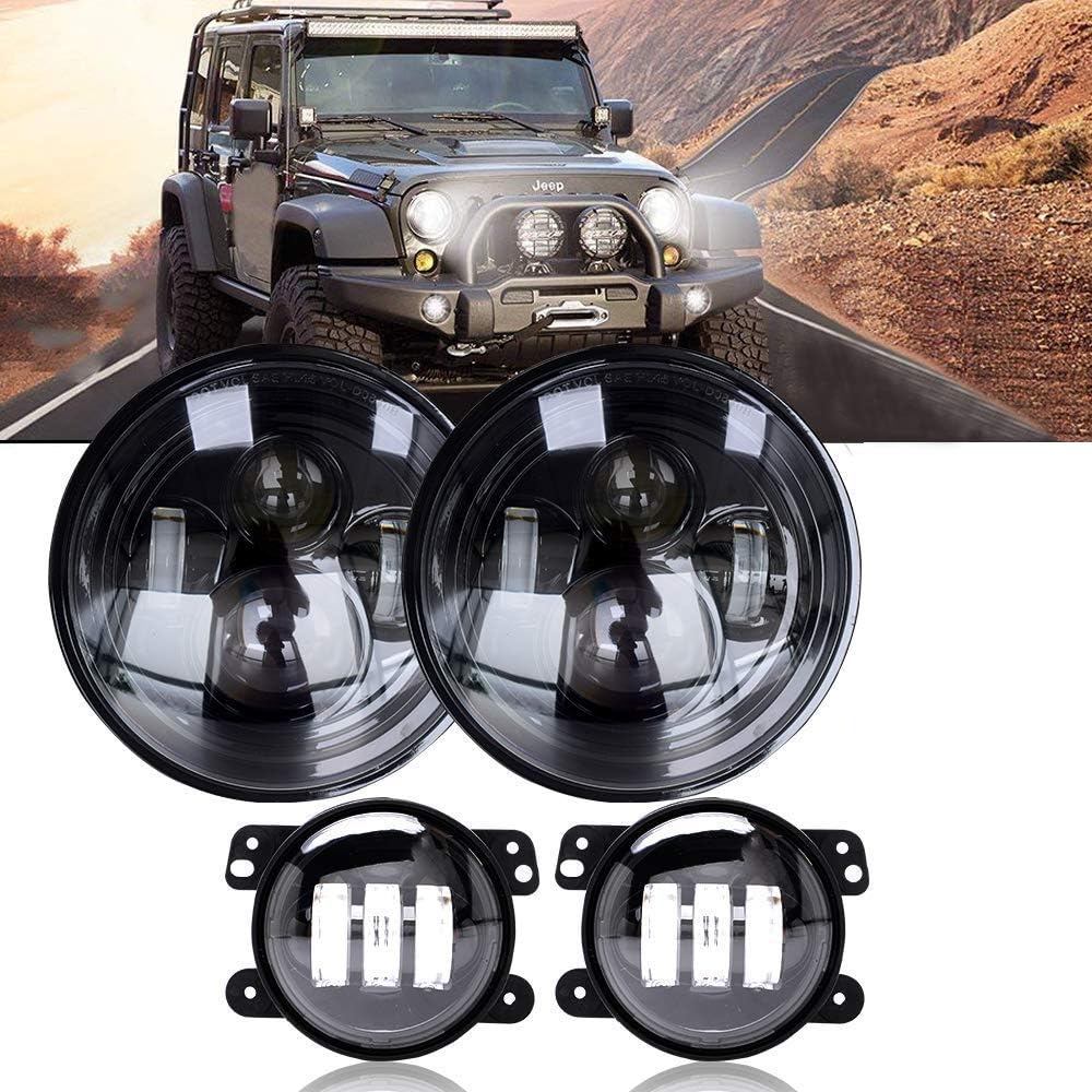 DOT Approved LED Third Brake Light + 4Inch Front Bumper Fog Lights + 7Inch LED Round Headlights Hi/Lo Beam DRL For Jeep Wrangler JK JKU 2007-2017 (7 pack)