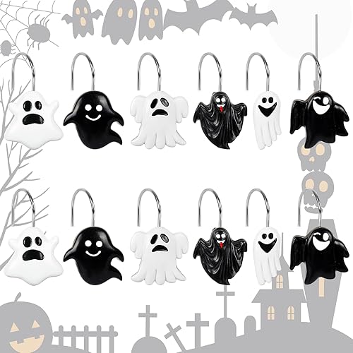 AnyDesign 12 ganchos para cortina de ducha de fantasmas de Halloween, color blanco y negro, espeluznante pesadilla, anillos para colgar en la ducha,