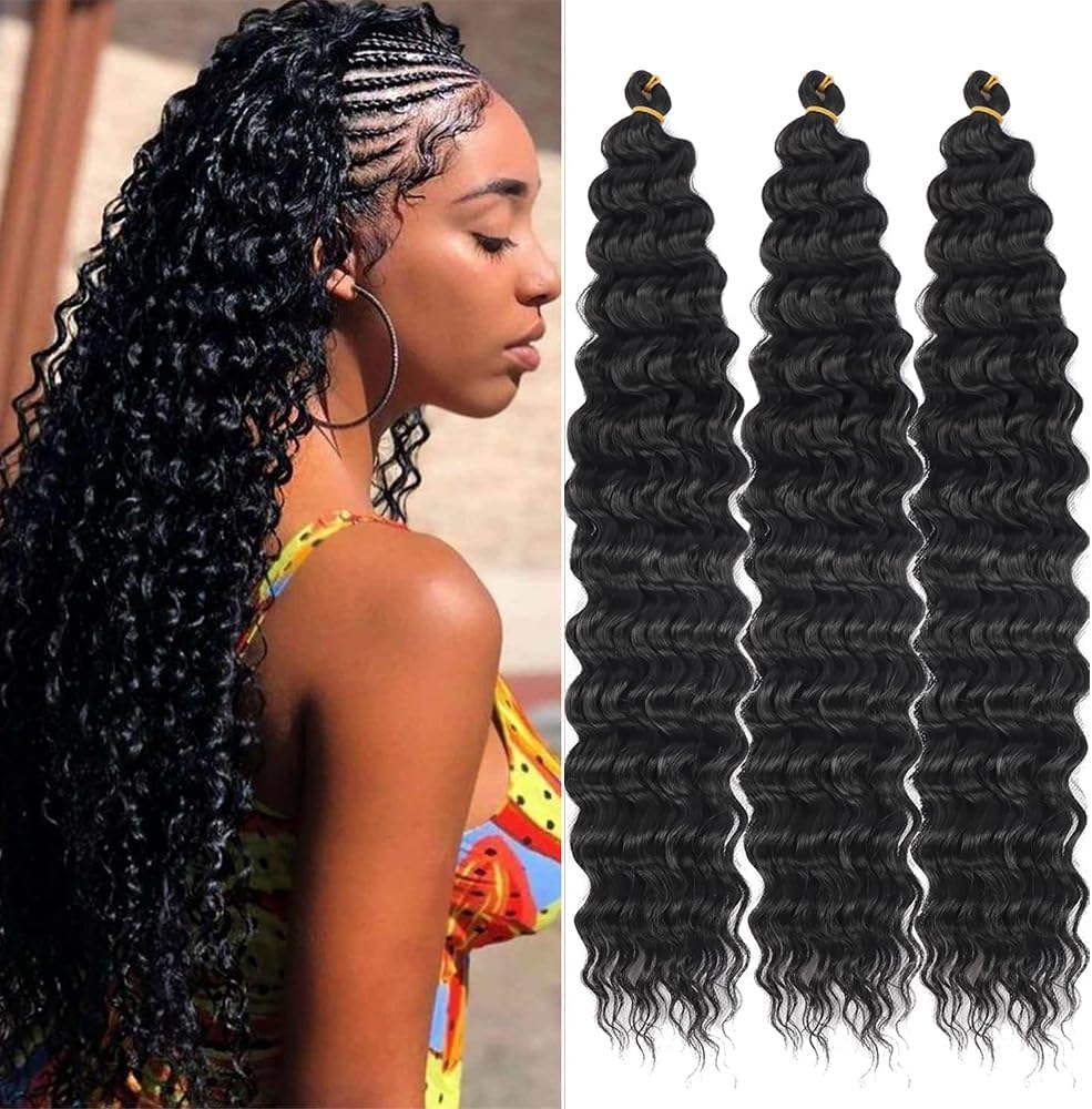Datanala Ocean Wave Crochet Hair 22 inch Deep Wave Curly Crochet Hair 5 Packs Deep Curly Braiding Hair Extensions Long Inch Deep wave Synthetic Braiding hair for Black Women (1B#, 22Inch)