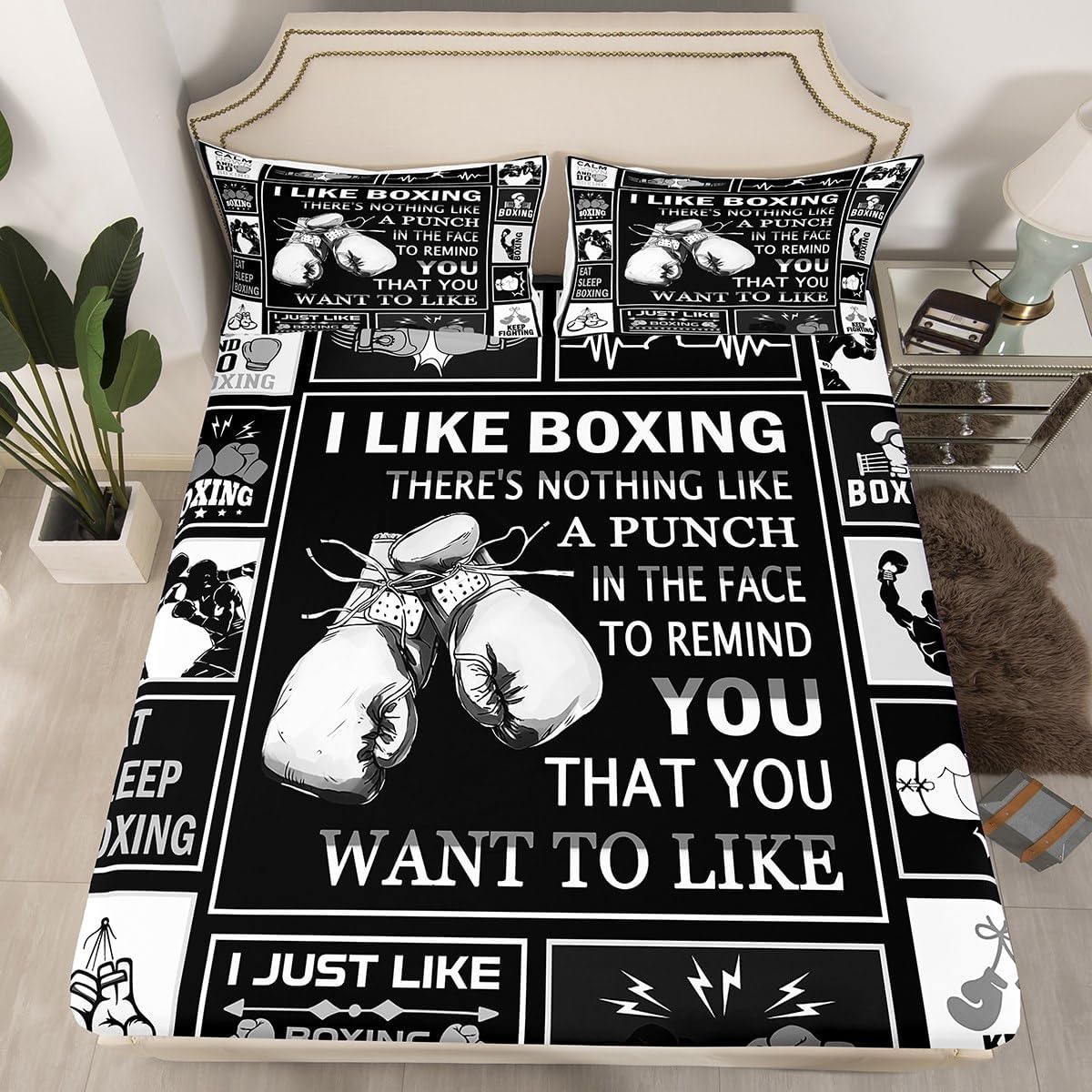 Karate Fitted Sheet Twin Size,Karate Player Silhouette Bedding Set 2Pcs,Teens Men Sports Theme Bed Sheet Stars Stripes Patchwork Blue White Black Plaid Deep Pocket Sheet,1 Pillowcase