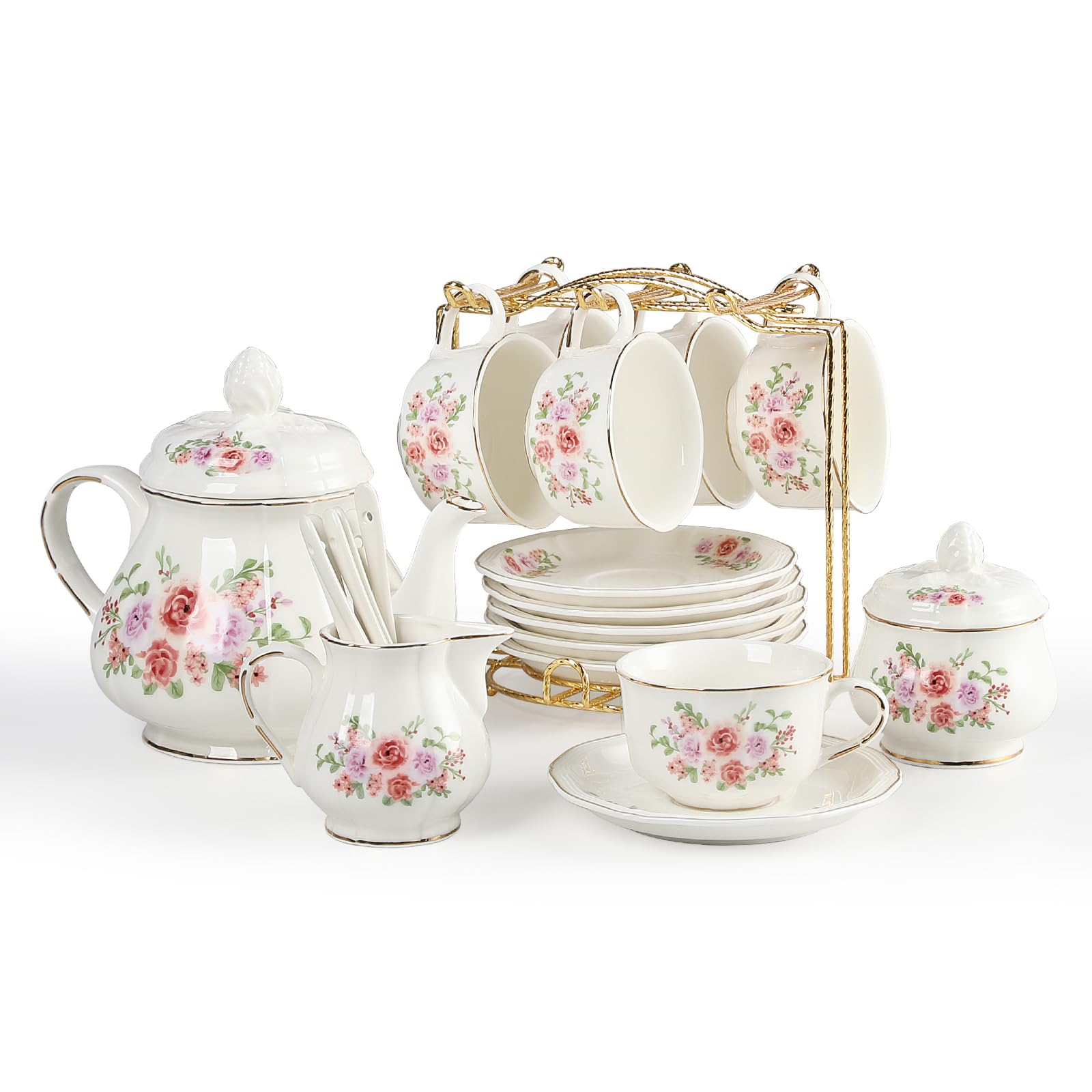 Photo 1 of *MISSING TEAPOT* Sweejar 23 Pcs Floral Tea Sets with Metal Holder, Relief Gold Rim Porcelain Tea Sets for Adults, Cup and Saucer Set for 6, with Teapot, Sugar Bowl, Milk Jug, Spoons (Rose Flower)