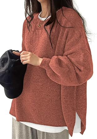 Womens Oversized Sweaters Fall Fashion Side Slit Ribbed Pullover Sweater | Batwing Long Sleeve, Crewneck, Loose Fit, Cozy Knit Tops, Cowboy Chic, School Teacher Outfits, Going Out, Commute CLothes