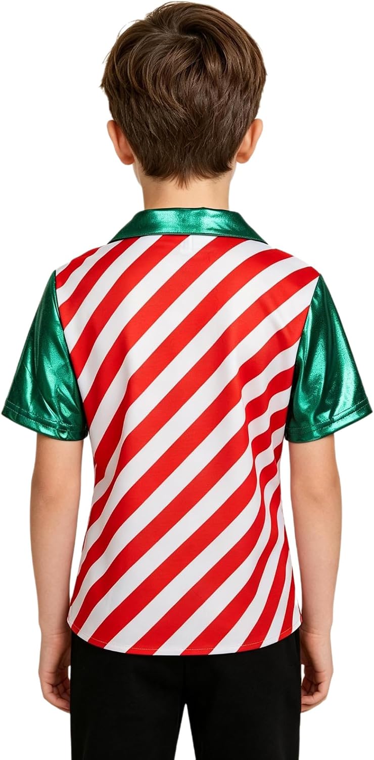 Yhong Boys Candy Cane Tops Turn-Down Collar Mr Santa Dress-up