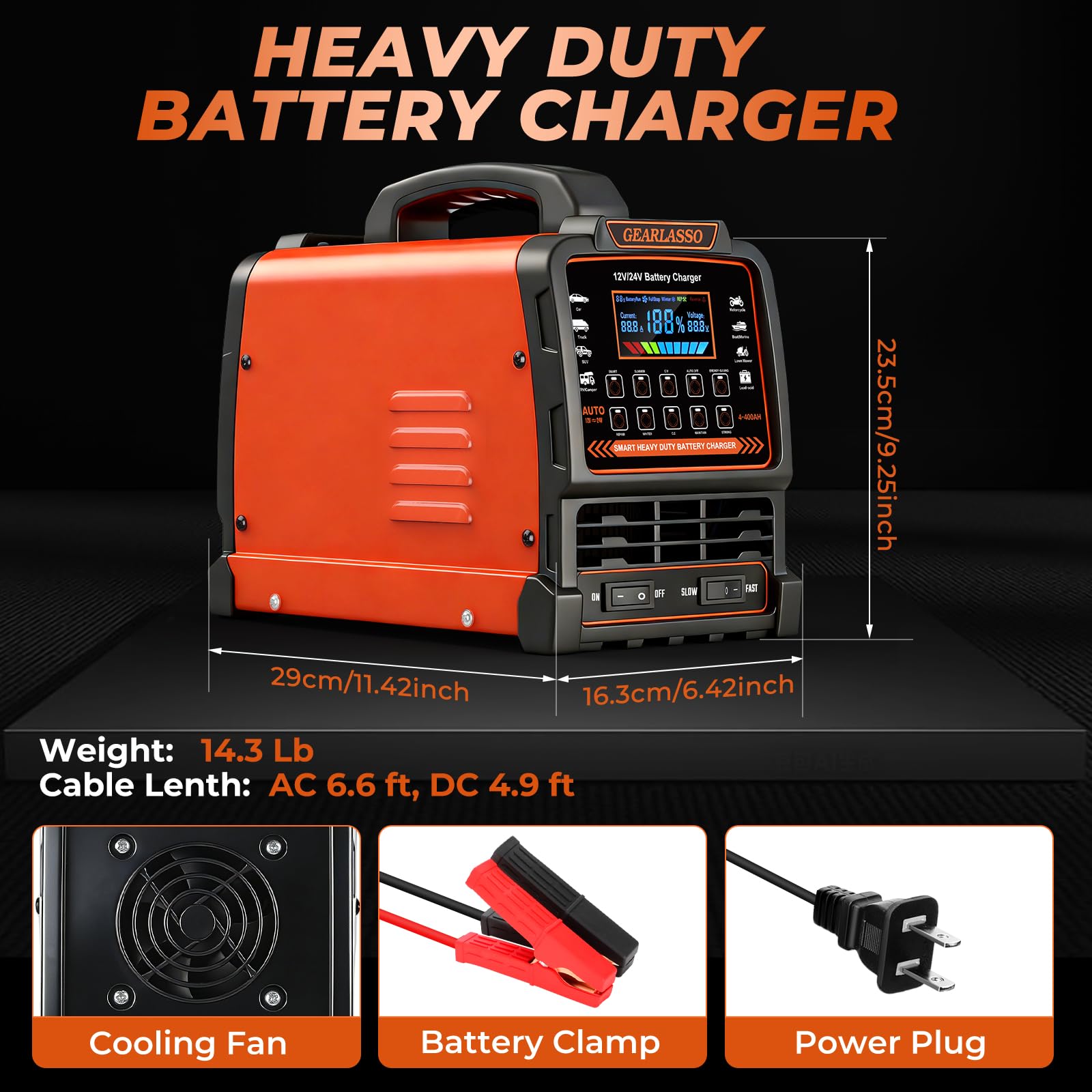 Chargeur de batterie de voiture 12 V 24 V très résistant, mainteneur de batterie automatique 0-15 A avec 10 modes, y compris les arrêts automatiques, la réparation, l'hiver, chargeur
