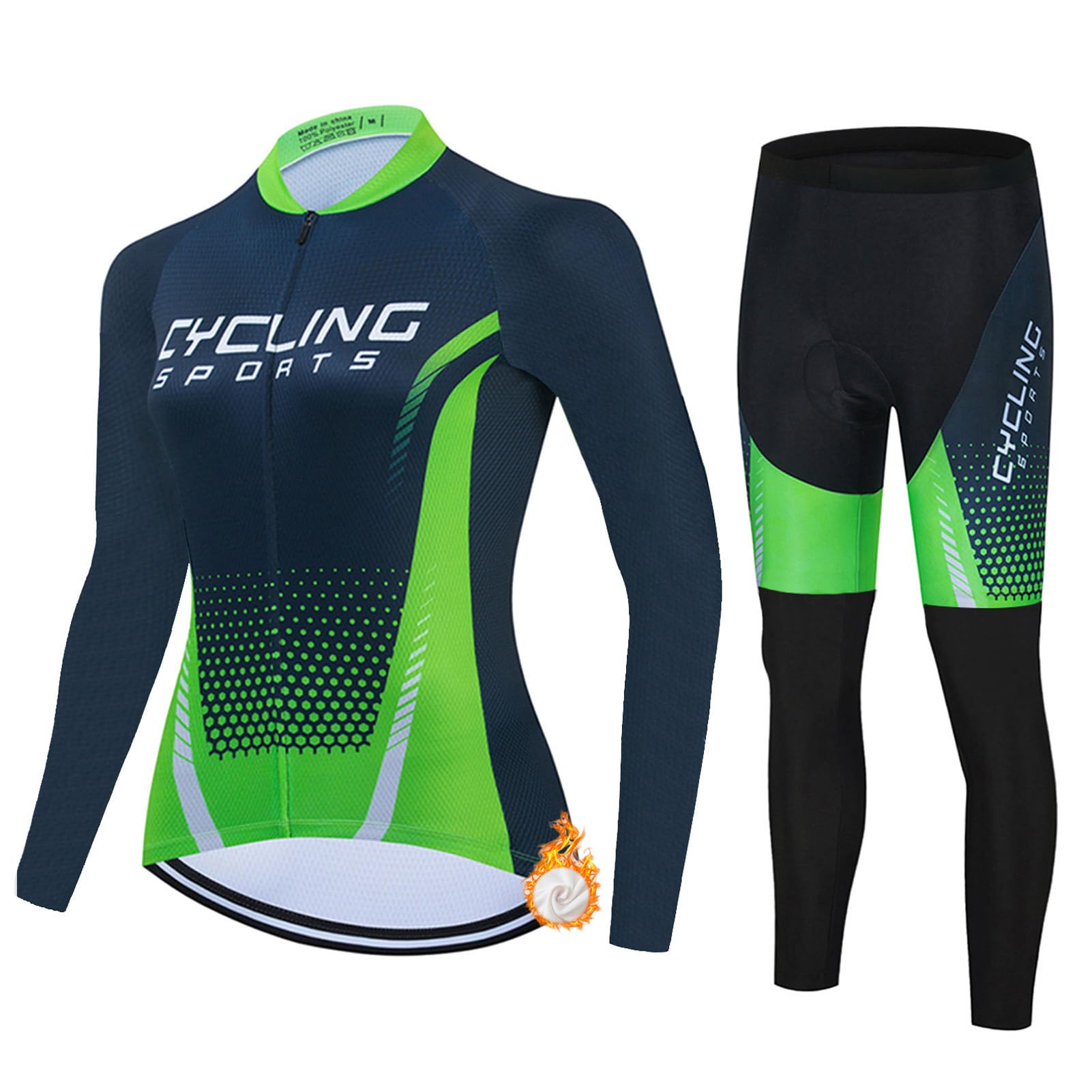 Maillot Cyclisme Femme Hiver,Vêtements de Velo VTT Tenue Cycliste en Polaire Thermique Jerseys Manche Longue et Pantalon Long avec 19D Coussin Gel,Ensemble Combinaisons de Cycling MTB Respirant
