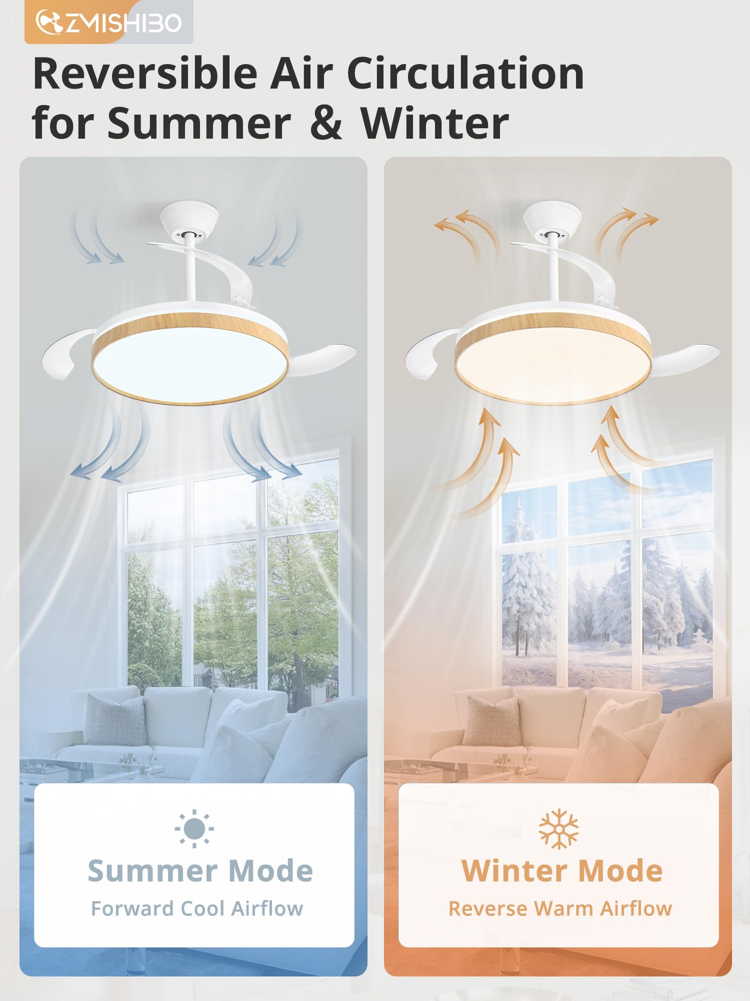 ZMISHIBO Ventilatore da soffitto con luce 106 cm, ali invisibili, CCT 3000 K – 6500 K, funzione estiva e invernale, motore DC 30 W + LED 38 W, 6 velocità, silenzioso, timer 2 h/4 h, legno chiaro