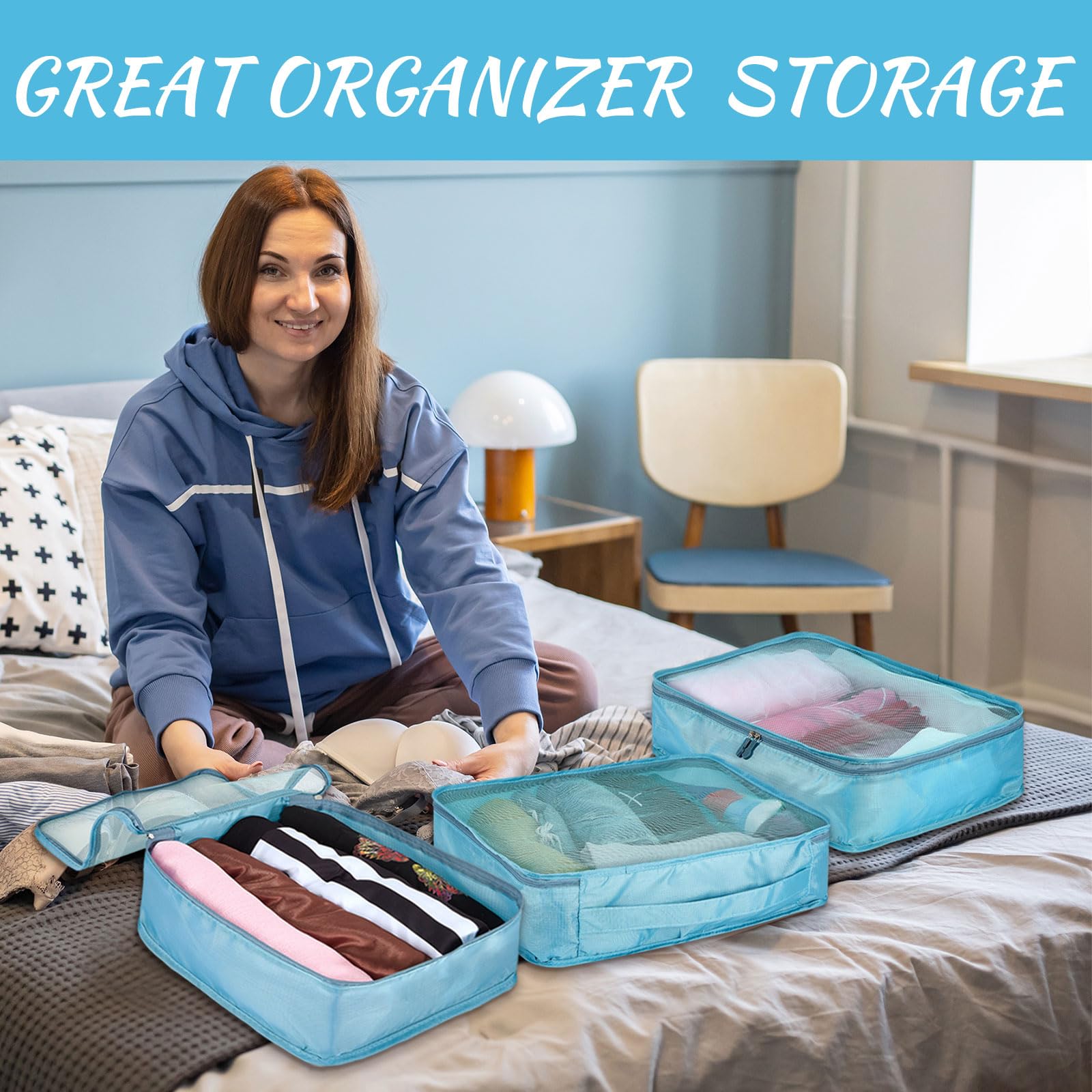 Silkfly 12 cubi da imballaggio per valigie da viaggio, borse da viaggio, organizer in rete per escursionismo, campeggio, zaino in spalla, accessori per vestiti (azzurro, XL)