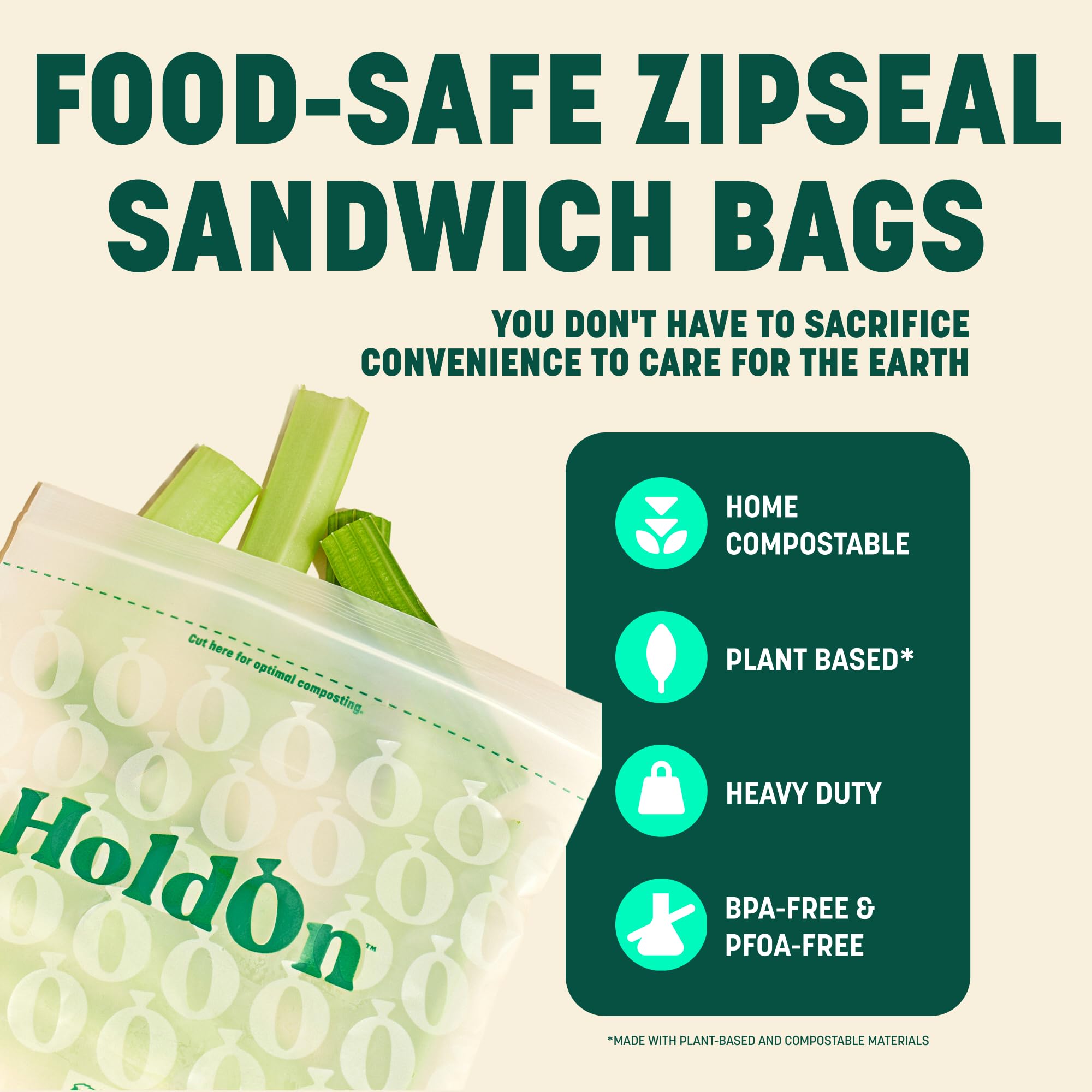 HoldOn Zipseal - Bolsas para sándwiches, sin plástico, a base de plantas y aptas para alimentos, bolsas de almacenamiento de alimentos con cierre seguro para el hogar y viajes (100 bolsas en total)