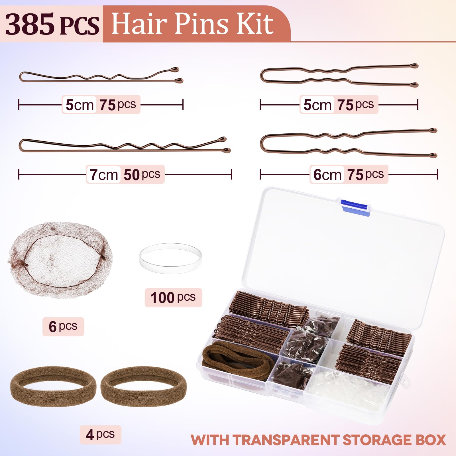 385 Pezzi Fermagli per Capelli Kit, 150 Forcine U, 125 Forcine Piatte, 100 Elastici Trasparenti per Capelli, 6 Retina Chignon, 4 Scrunchies, Accessori Fermagli Donna Set con Scatola, Marrone