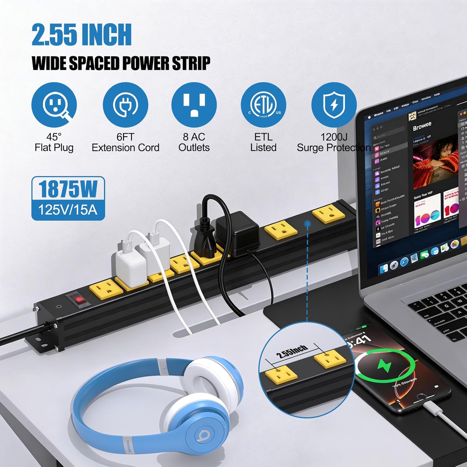 8 Outlet Heavy Duty Metal Power Strip, Wall Mount with 2.55 inch Wide Spacing, 6 FT Flat Plug Extension Cord with Switch, 1875W 15A 125V, ETL Listed for Garage Workshop Home Office
