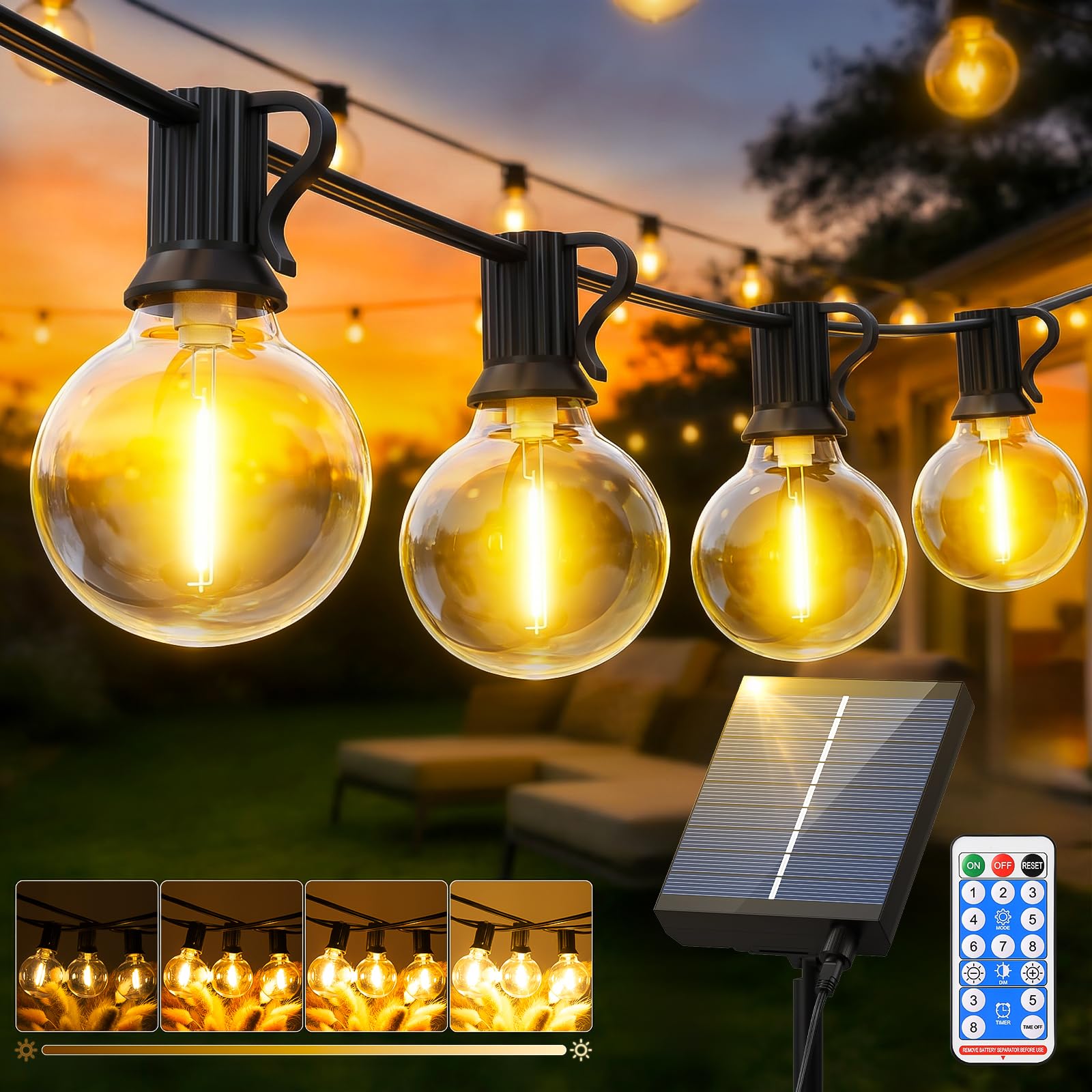 Solares Guirnalda Luces Exterior Jardin - 15M Guirnaldas Luz Exterior Solar with Control Remoto LED Regulable Bombillas Exteriores Jardin G40 for Balcon Terraza Boda Fiesta