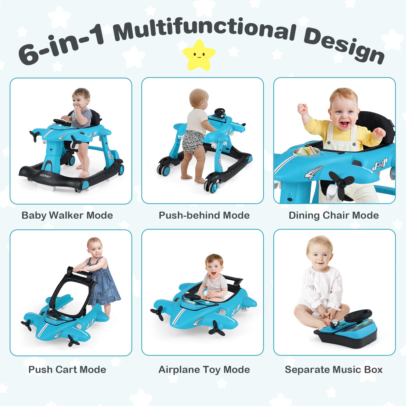 FANTASK Lauflernwagen Baby Walker, Lauflernhilfe 6 in 1 klappbar verstellbare Höhe Geschwindigkeit mit Spieluhr abnehmbarem Esstablett Flugzeugdesign, für Babys ab 6 Monaten (Blau)
