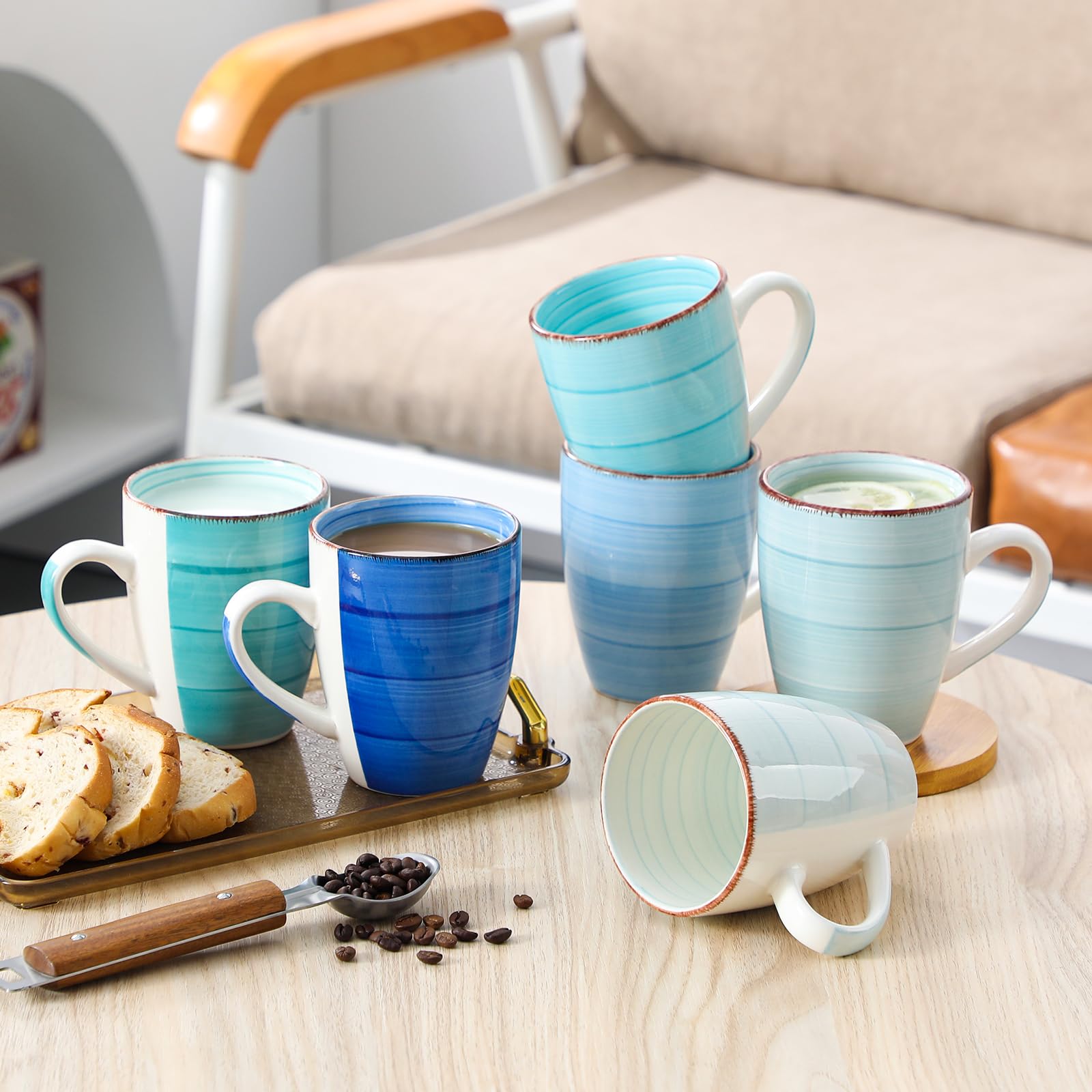 vancasso BONITA Set 6 Tazas de Café, 500 ml Tazas Desayuno Mugs, Juego de Tazas de Leche de Gres, Tazas Grandes Ceramica, Microondas y Lavavajillas, Pintados a Mano de Estilo, Azul
