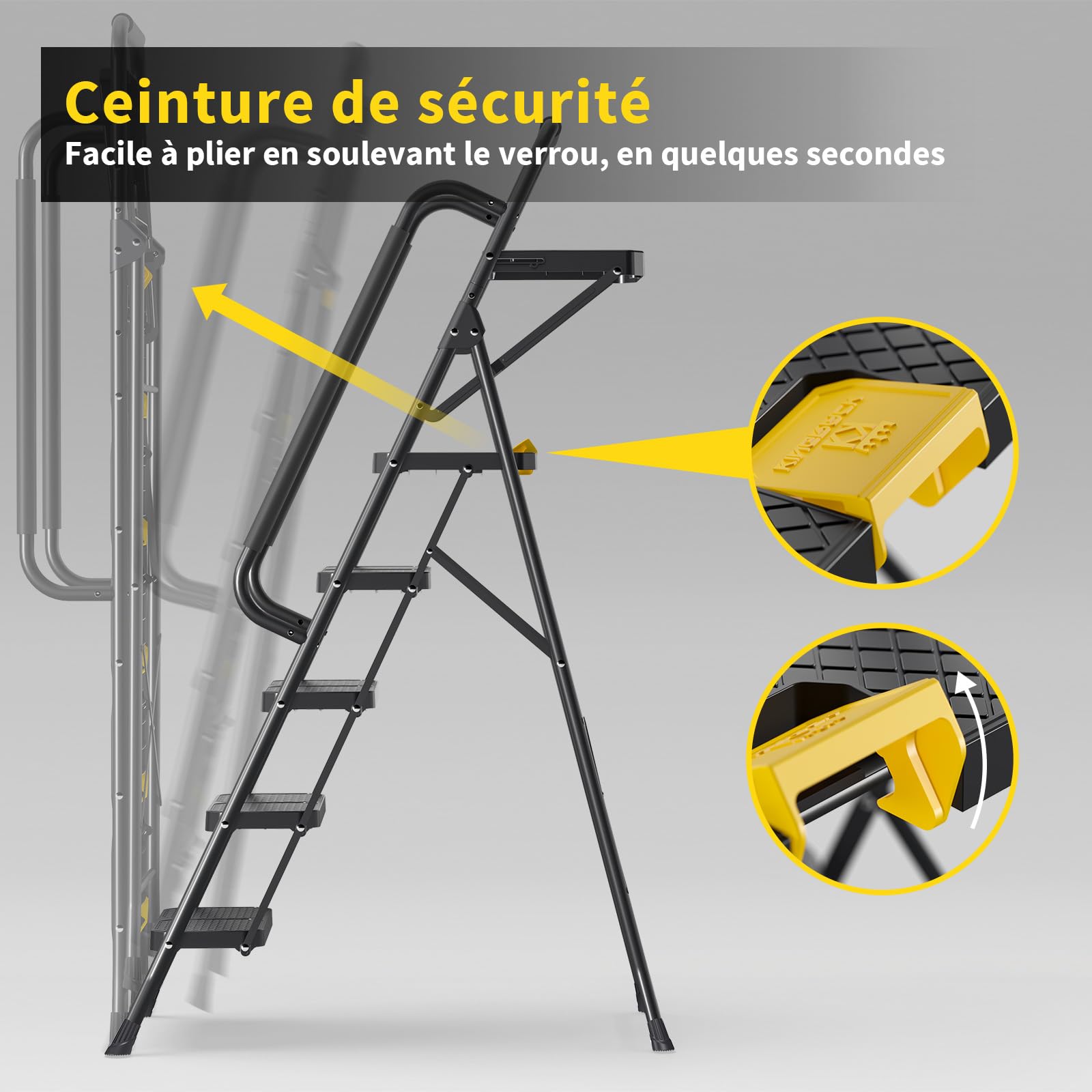 KINGRACK Escabeau 5 Marches avec Plateau à Outils et Large Pédale Antidérapante, Marche Pied Pliable avec Mains Courantes, Échelle Domestique pour Maison Cuisine Garde-Manger Placards et Bureau, Noir