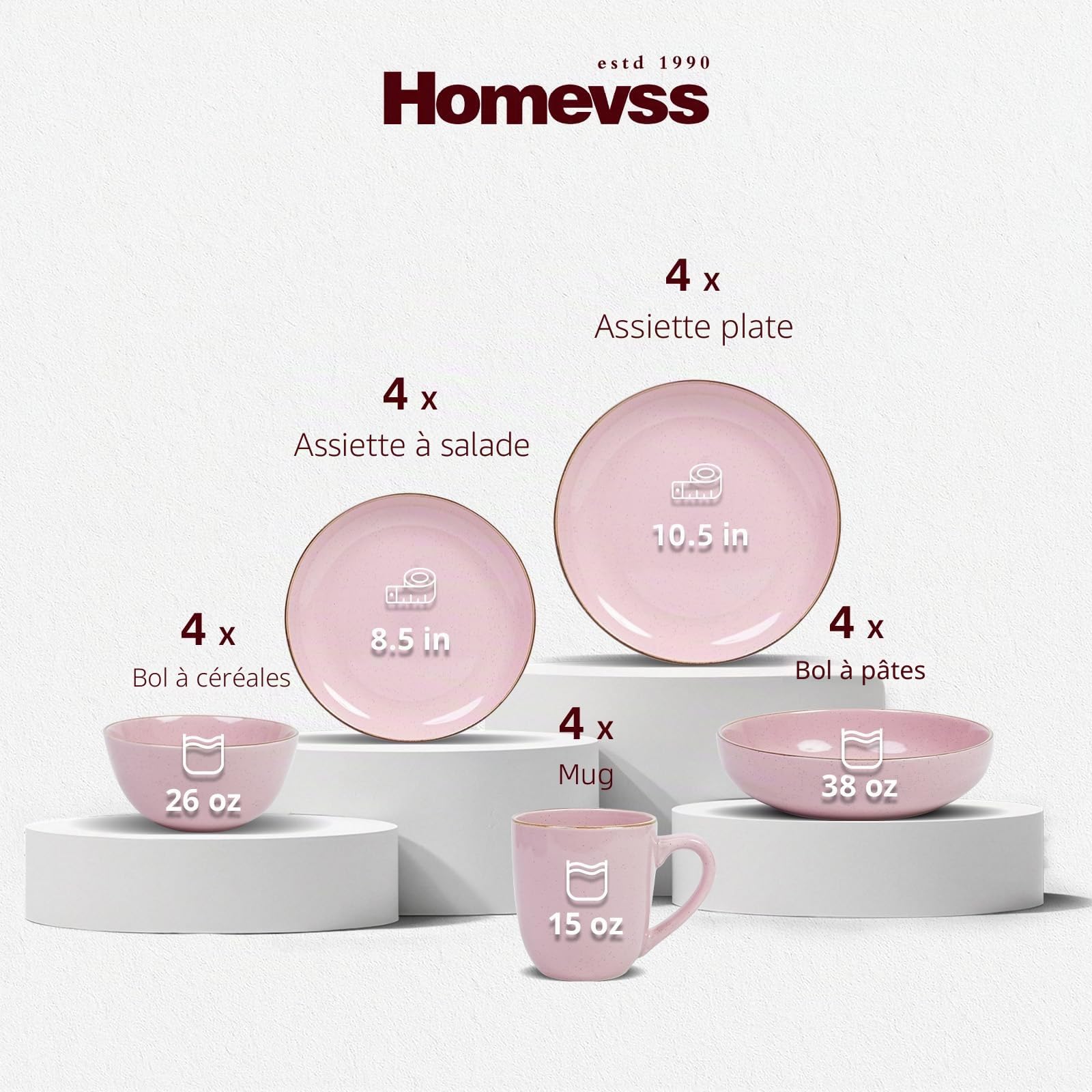 Service de table 20 pièces en grès avec bord relevable de forme nordique rose brillant avec effet moucheté