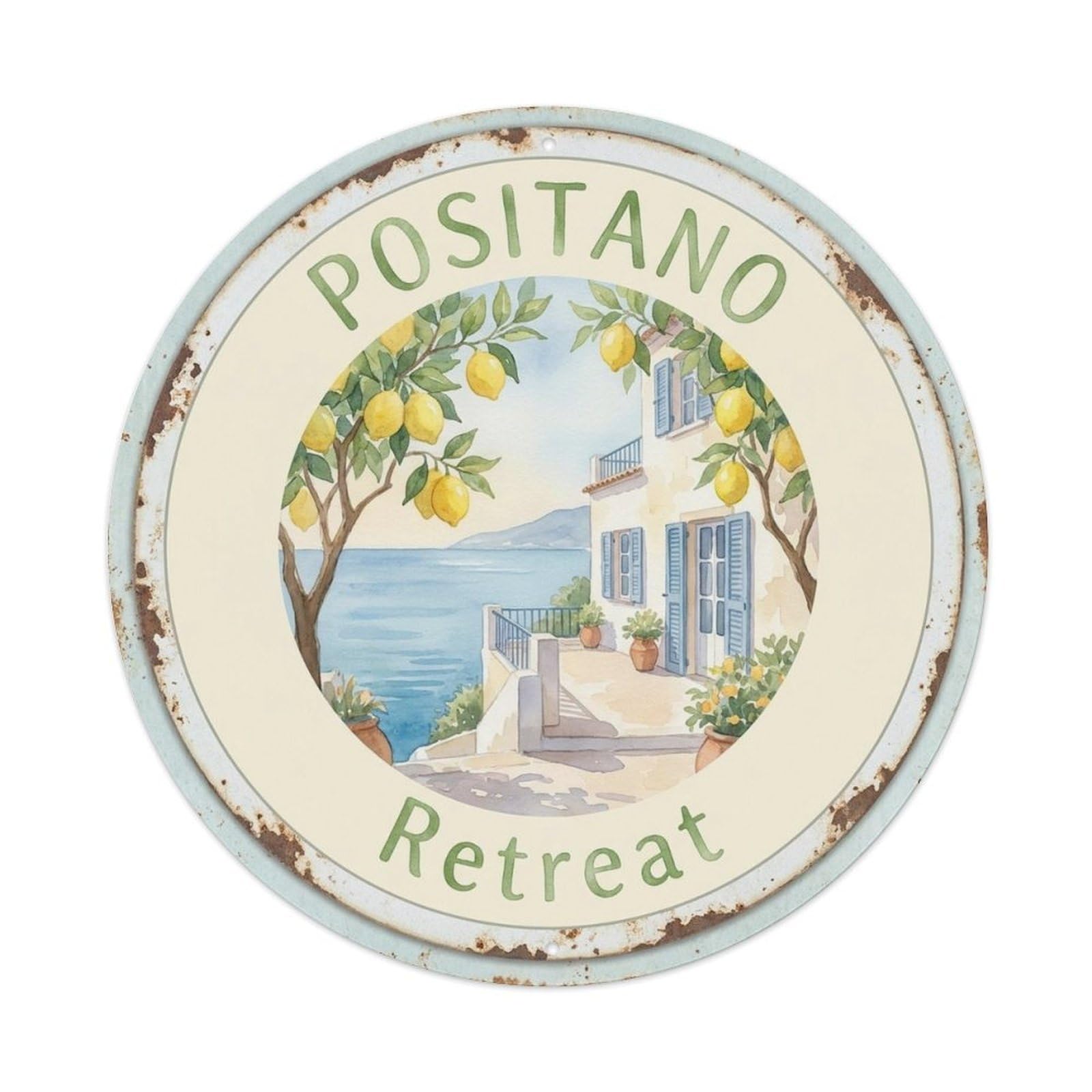 City Landmark Positano Italy Tourism Heritage Scenic Metal Tin Sign Plaque Wall Decor for Cafe, Man Cave, Club Bar, Office, Home Garden Round Metal Poster 8x8Inch