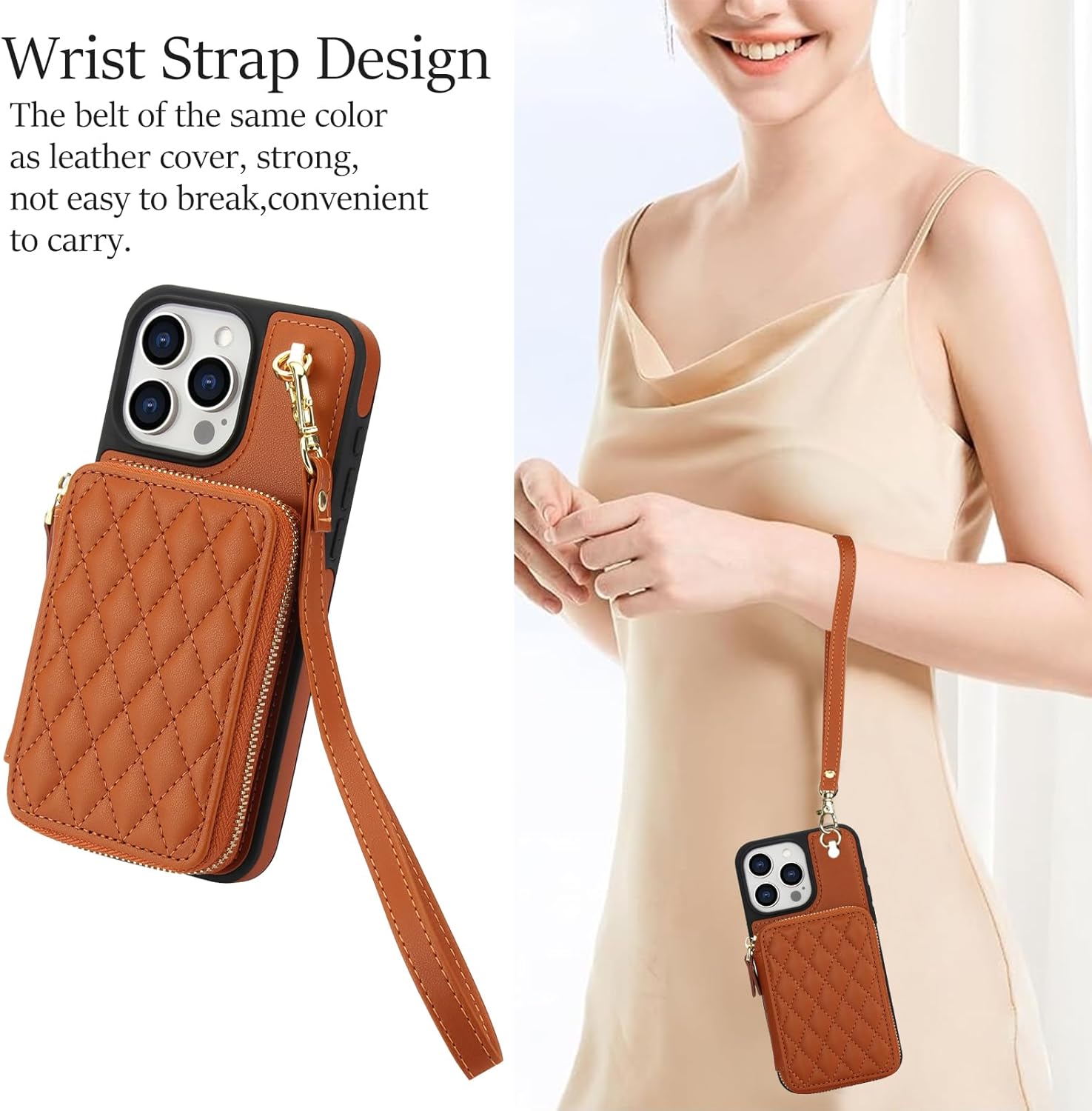 Wefor Compatible with iPhone 15 Pro Max Wallet Case Crossbody for Women, Zipper Phone Case with RFID Blocking Card Holder Wrist Strap Purse (Brown)