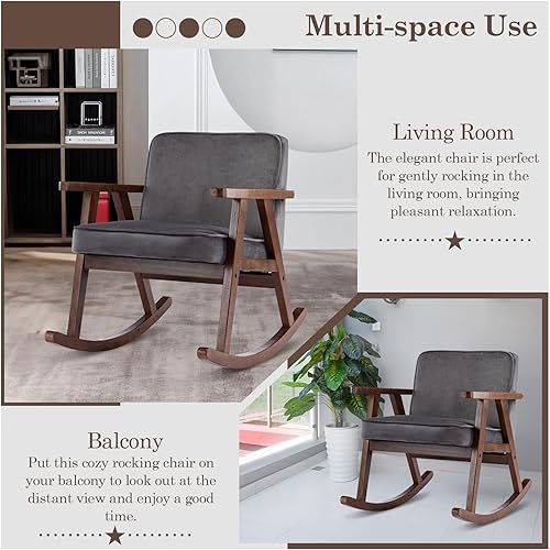 Miniatura 5 de Mecedora de terciopelo moderno de mediados de siglo, cómoda silla tapizada con brazo deslizante con madera maciza para sala de estar, dormitorio,