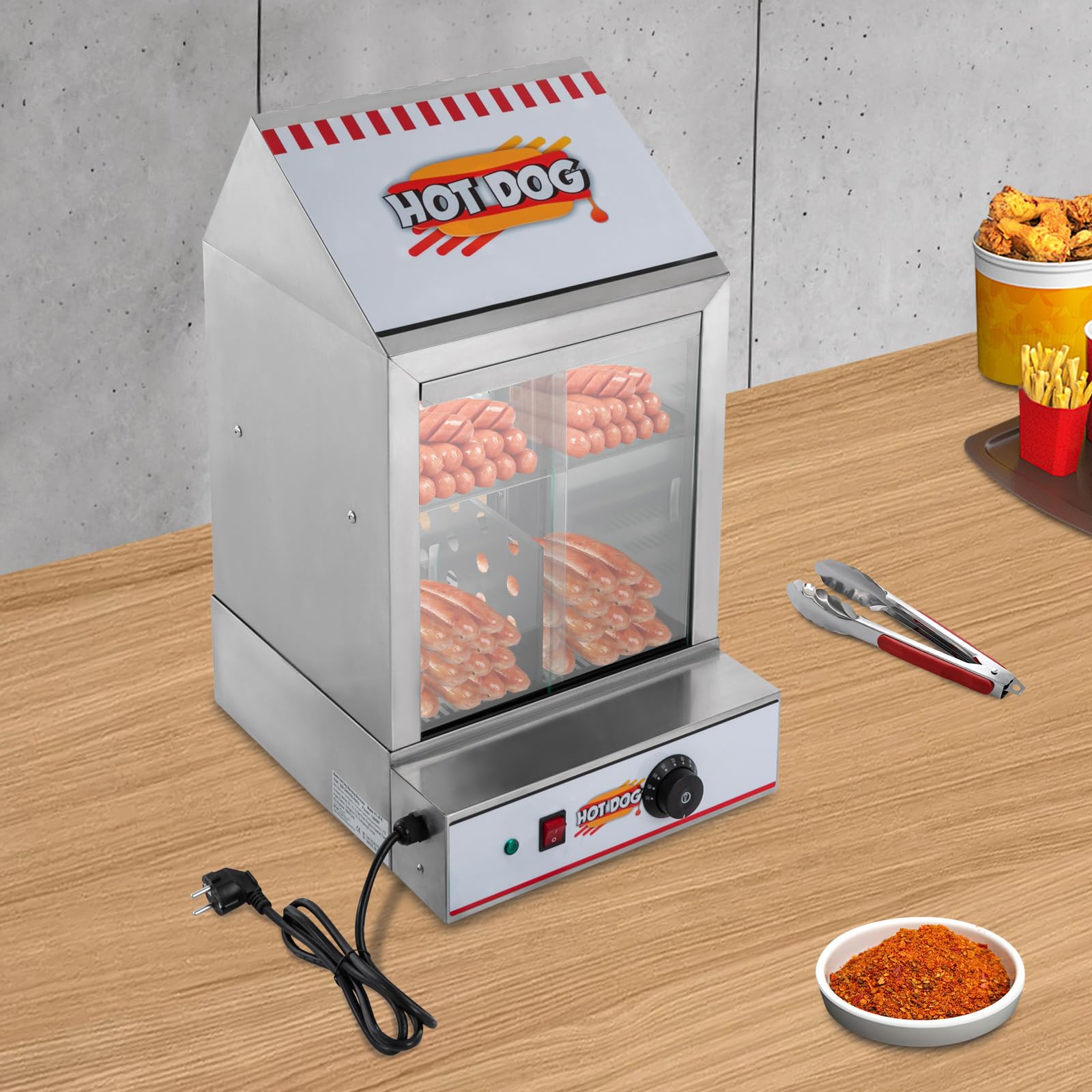 Hot Dog Maker, 40 L 1200 W eléctrico Hot Dog Steamer Acero Inoxidable Salchichas Calentador de Salchichas con Ventana de Cristal, Calentador de 86-230 ℉ para puestos de comida, cantinas, restaurantes